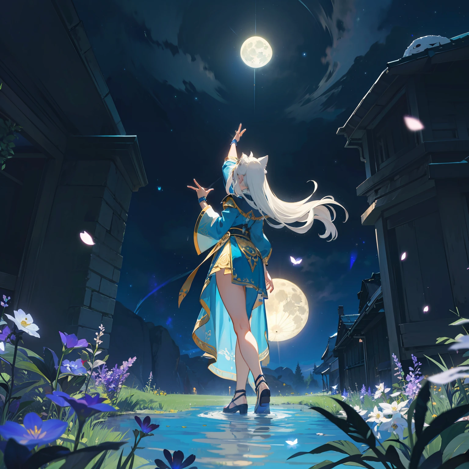 Spacious Landscape , (Looking Up and Down), Girl Standing in Flower Garden Looking Up, (Full Moon:1.2), ( Shooting Star:0.9), (Nebula:1.3), Starry Sky, White Flower Field, Shining Flower Field, Fantastic Flower Field, Trees , (Warm Light Source:1.2), (Firefly:1.2), Lamp, Orange and Blue mostly fine details, (Masterpiece:1.2), (Top Quality), 4k, Ultra Fine Detail, (Dynamic Composition:1.4), (Masterpiece: 1.2), (Top Quality), Lamp, Orange and Blue mostly fine details Voluminous Lighting BREAK (Masterpiece:1. 2), (Top Quality), 4k, Ultra-Detailed, (Dynamic Composition:1.4), Very Fine Detail, Colorful Detail, ( Iridescent:1.2), (Luminous Lighting, Ambient Lighting), Dreamlike, Fantastic, (Solo:1.2) Glitter, sparkle, petals dancing, dancing light, white hair, beautiful hair, long hair, cat ears, back view, water effect, soap bubbles, pose, large lace sleeve
