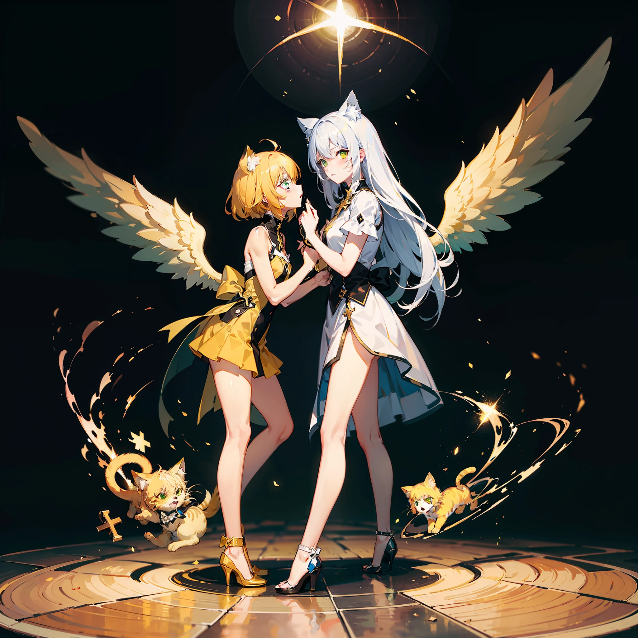 (High quality) (4k) (Unity wallpaper) A yellow cat ears yellow hair green eyes maiden, angel, white wings, by the broken mirror, the center of the world, heaven, the transmission of light, day and night, cross.
