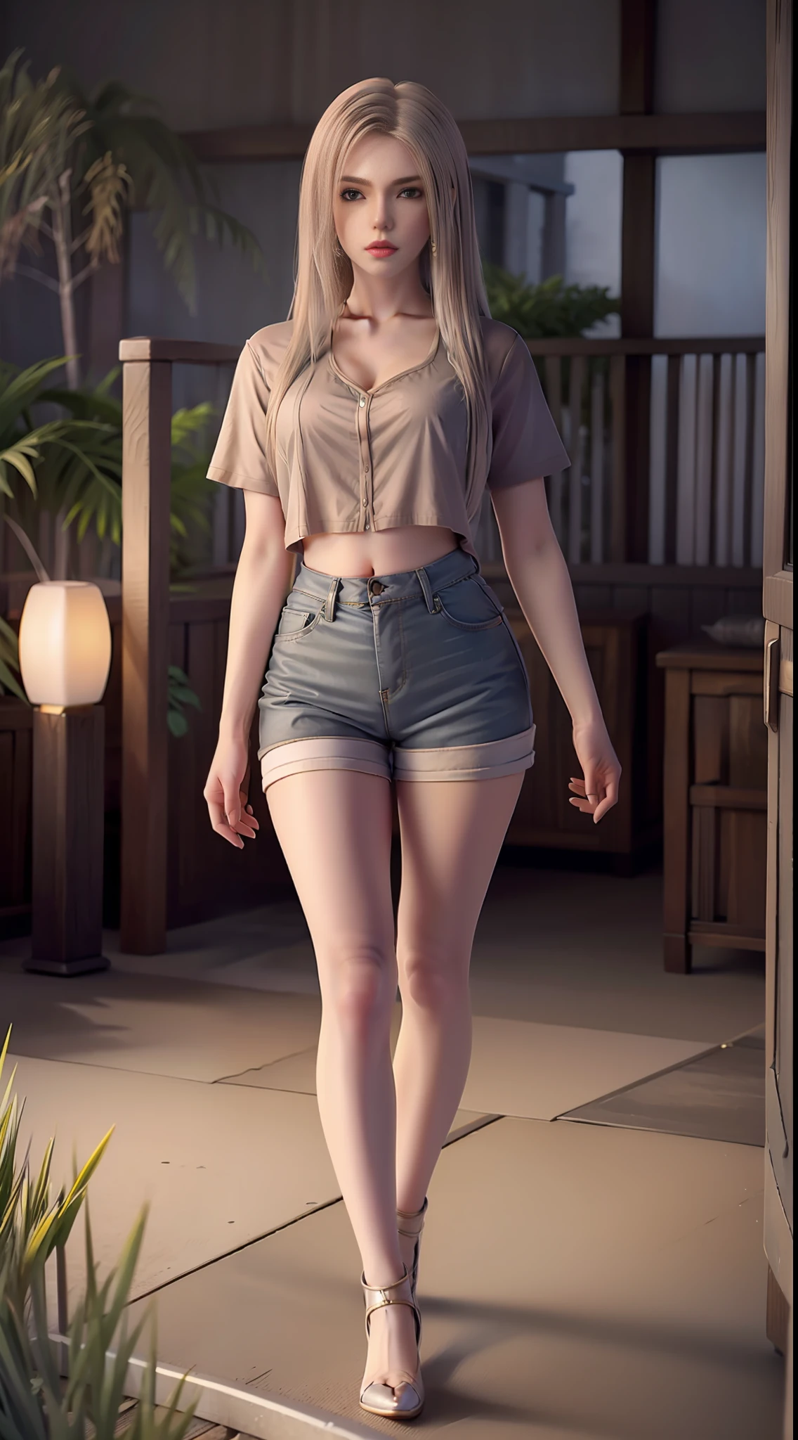 kaisha, ultra-high resolution, photorealistic, photorealistic, imagination, (realistic), composition, (HDR:1.5), outdoor, intricate details, shirt, hot pants, stockings, 8K, full body, long legs, red lips, earrings, bent waist,