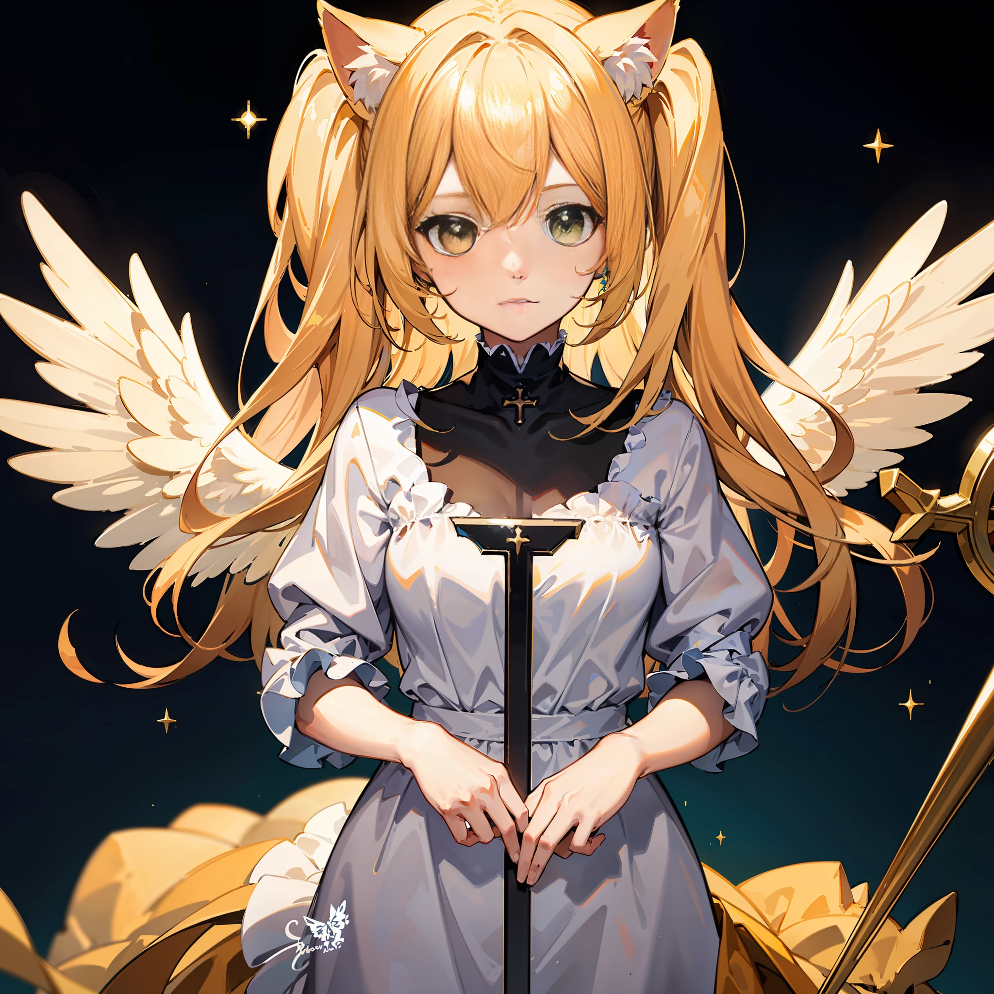 (High quality) (4k) (Unity wallpaper) 1girl, yellow cat ears, yellow hair, green eyes, maiden, angel, white wings, by the broken mirror, the center of the world, heaven, transmission of light, day and night, cross.
