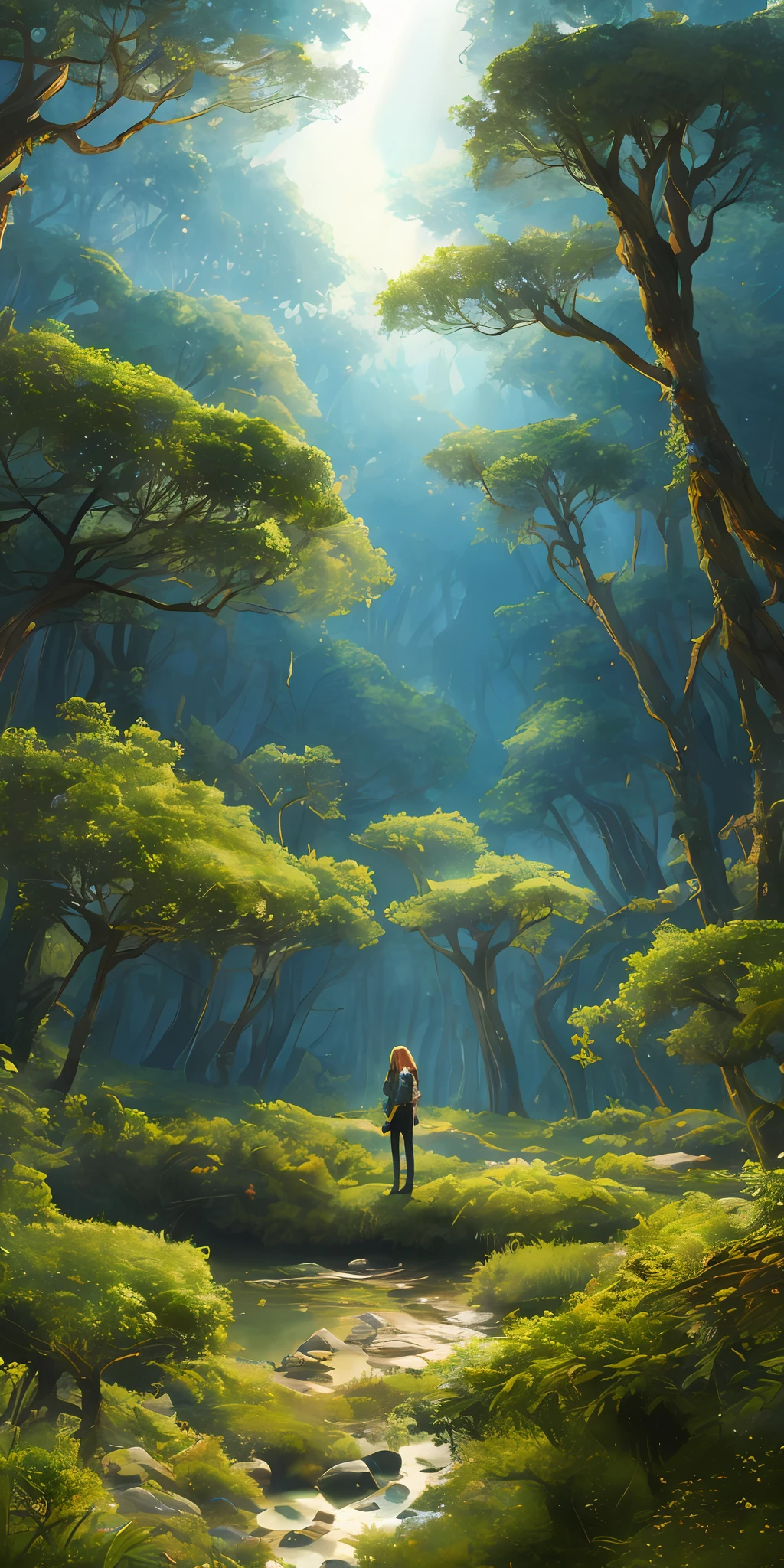 Huge crystal tree whole body, very detailed and magical lighting, intricate forest details, vegetation and river, solar punk, landscape, huge tree, beautiful lush with beautiful lighting and realistic proportions, as if movie background, 8k, top quality, masterpiece, clouds, stars in the sky, girl in the distance.