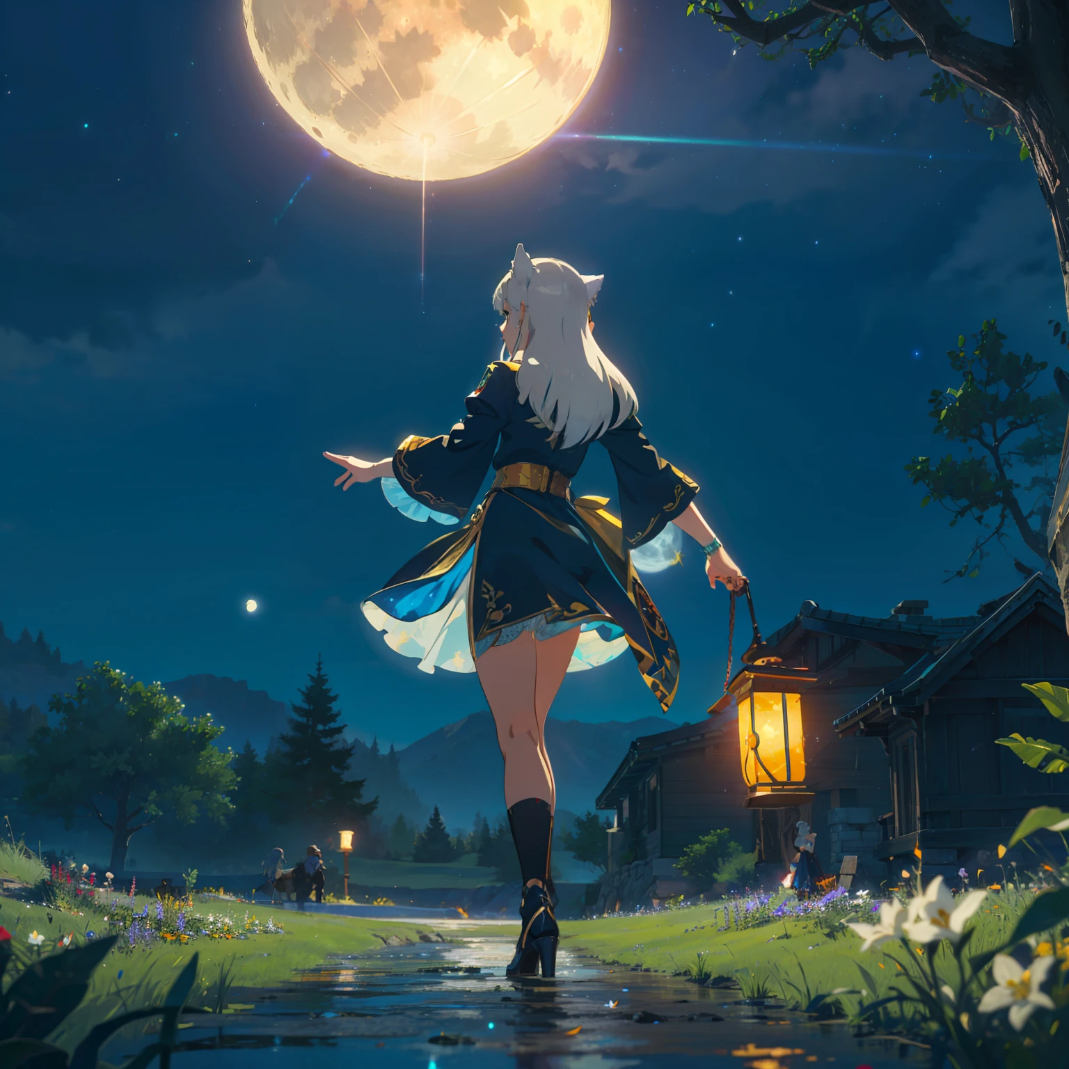 Spacious Landscape , (Looking Up and Down), Girl Standing in Flower Garden Looking Up, (Full Moon:1.2), ( Shooting Star:0.9), (Nebula:1.3), Starry Sky, White Flower Field, Shining Flower Field, Fantastic Flower Field, Trees , (Warm Light Source:1.2), (Firefly:1.2), Lamp, Orange and Blue mostly fine details, (Masterpiece:1.2), (Top Quality), 4k, Ultra Fine Detail, (Dynamic Composition:1.4), (Masterpiece: 1.2), (Top Quality), Lamp, Orange and Blue mostly fine details Voluminous Lighting BREAK (Masterpiece:1. 2), (Top Quality), 4k, Ultra-Detailed, (Dynamic Composition:1.4), Very Fine Detail, Colorful Detail, ( Iridescent:1.2), (Luminous Lighting, Ambient Lighting), Dreamlike, Fantastic, (Solo:1.2) Glitter, sparkle, petals dancing, dancing light, white hair, beautiful hair, long hair, cat ears, back view, water effect, soap bubbles, pose, large lace sleeve