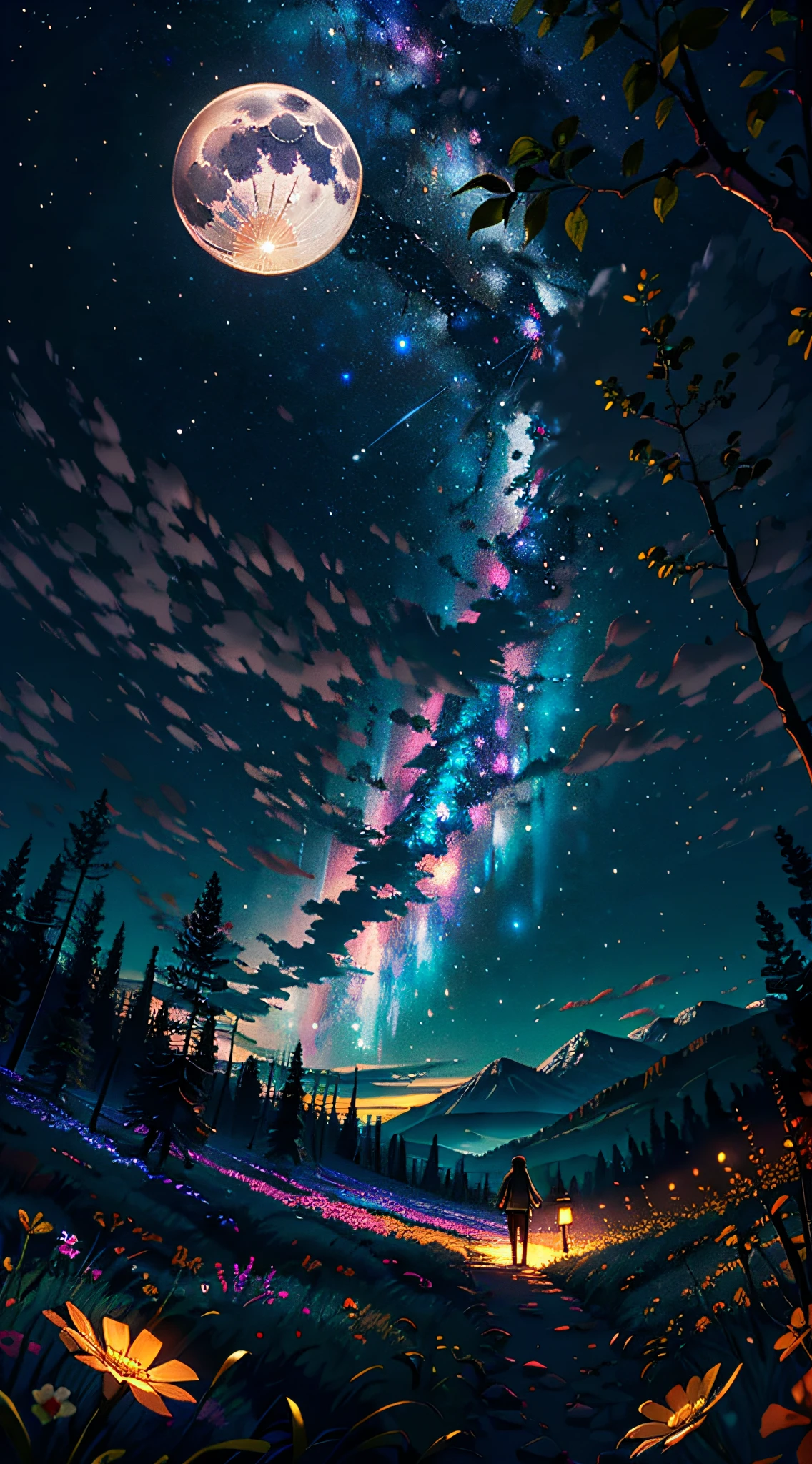 Expansive landscape photograph, (view from below with a view of the sky and the wilderness below), little girl standing in a flower field looking up, (full moon: 1.2), (shooting star: 0.9), (nebula: 1.3), distant mountain, tree break production art, (warm light source: 1.2), (firefly: 1.2), lamp, purple and orange, intricate detail, volume lighting BREAK (masterpiece: 1.2), (highest quality ), 4k, ultra-detailed, (dynamic configuration: 1.4), highly detailed and colorful details (iridescent: 1.2), (sparkling lighting, atmospheric lighting), dreamy, magical, (solo: 1.2)