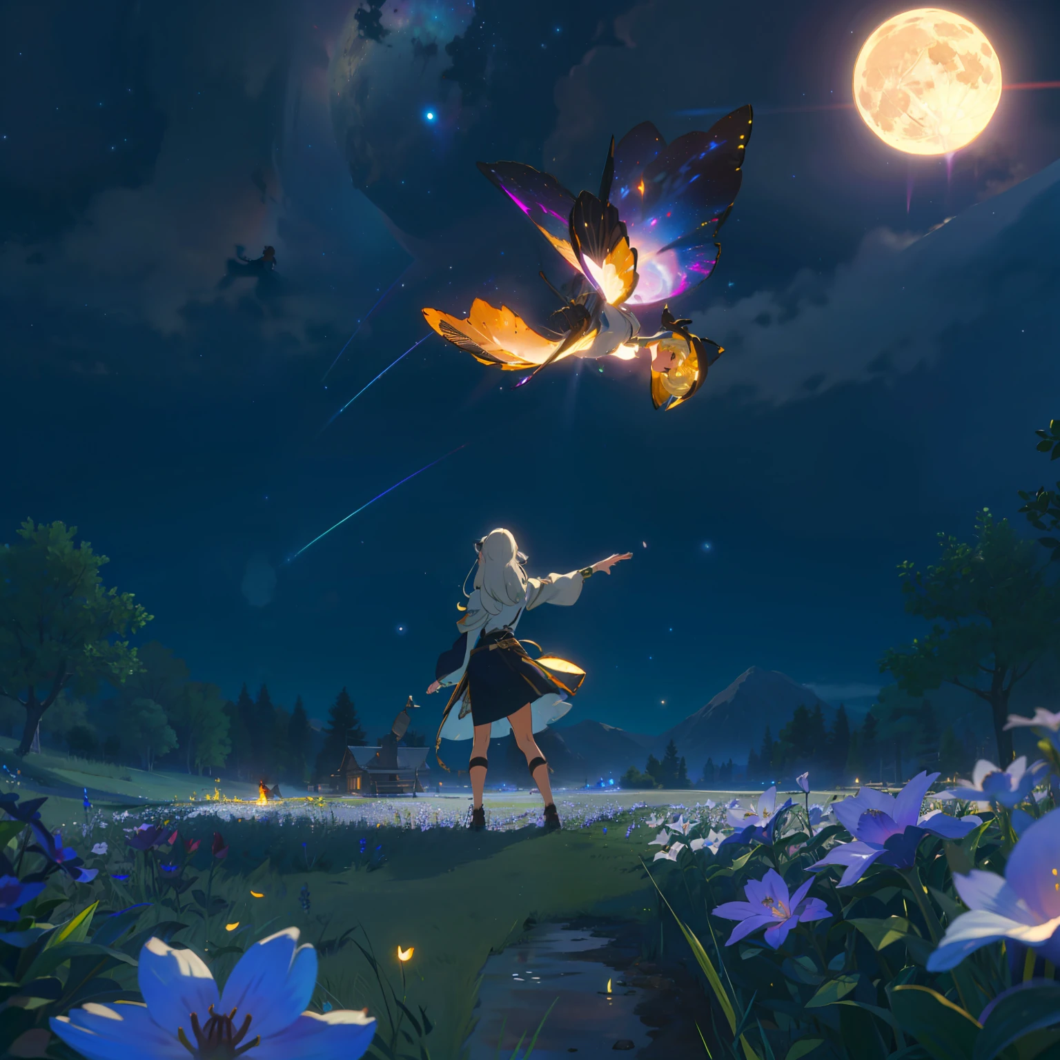 Spacious Landscape , (Looking Up and Down), Girl Standing in Flower Garden Looking Up, (Full Moon:1.2), ( Shooting Star:0.9), (Nebula:1.3), Starry Sky, White Flower Field, Shining Flower Field, Fantastic Flower Field, Trees , (Warm Light Source:1.2), (Firefly:1.2), Lamp, Orange and Blue mostly fine details, (Masterpiece:1.2), (Top Quality), 4k, Ultra Fine Detail, (Dynamic Composition:1.4), (Masterpiece: 1.2), (Top Quality), Lamp, Orange and Blue mostly fine details Voluminous Lighting BREAK (Masterpiece:1. 2), (Top Quality), 4k, Ultra-Detailed, (Dynamic Composition:1.4), Very Fine Detail, Colorful Detail, ( Iridescent:1.2), (Luminous Lighting, Ambient Lighting), Dreamlike, Fantastic, (Solo:1.2) Glitter, sparkle, petals dancing, dancing light, white hair, beautiful hair, long hair, cat ears, back view, water effect, soap bubbles, pose, large lace sleeve