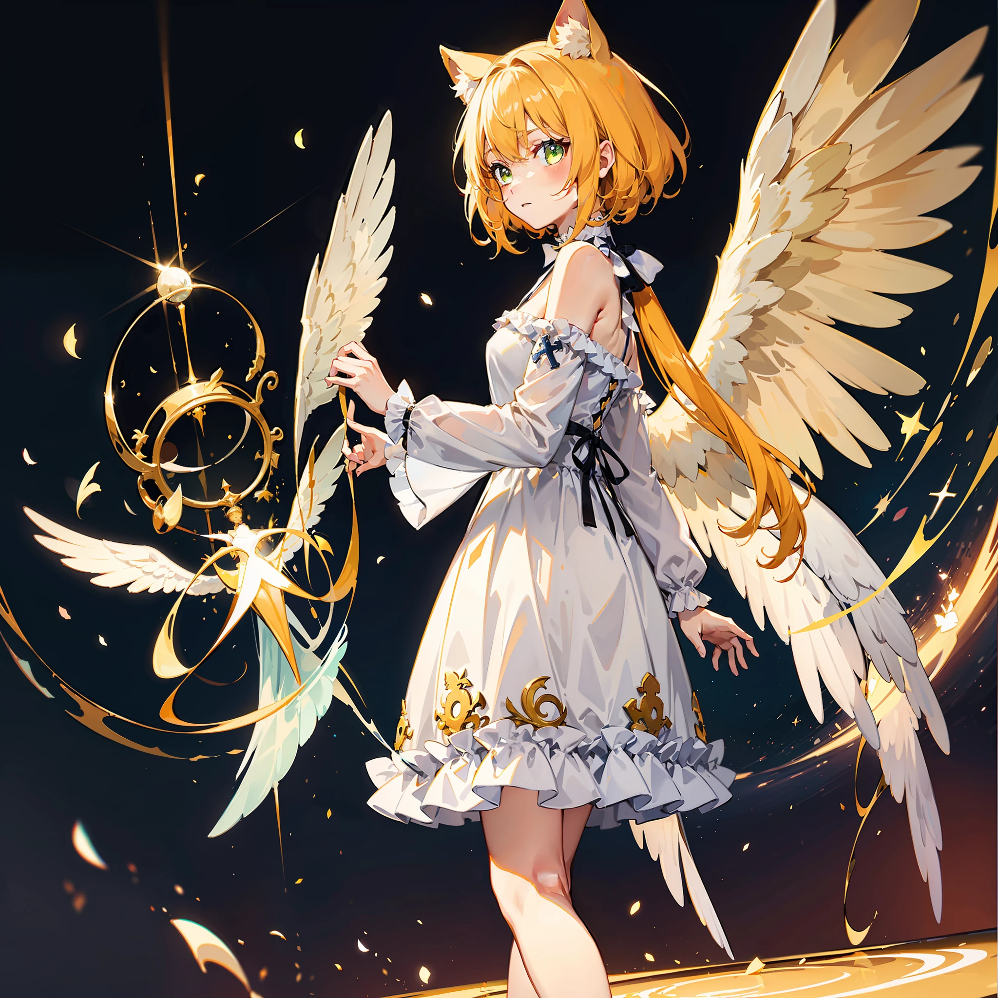 (High quality) (4k) (Unity wallpaper) 1girl, yellow cat ears, yellow hair, green eyes, maiden, angel, white wings, by the broken mirror, the center of the world, heaven, transmission of light, day and night, cross.