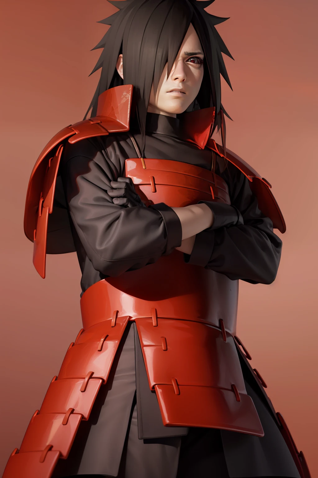 (masterpiece, best quality:1.2), red background, cowboy shot, solo, male focus, 1boy, uchiha madara, expressionless, looking at viewer, crossed arms, long hair, hair over one eye, japanese armor, black gloves