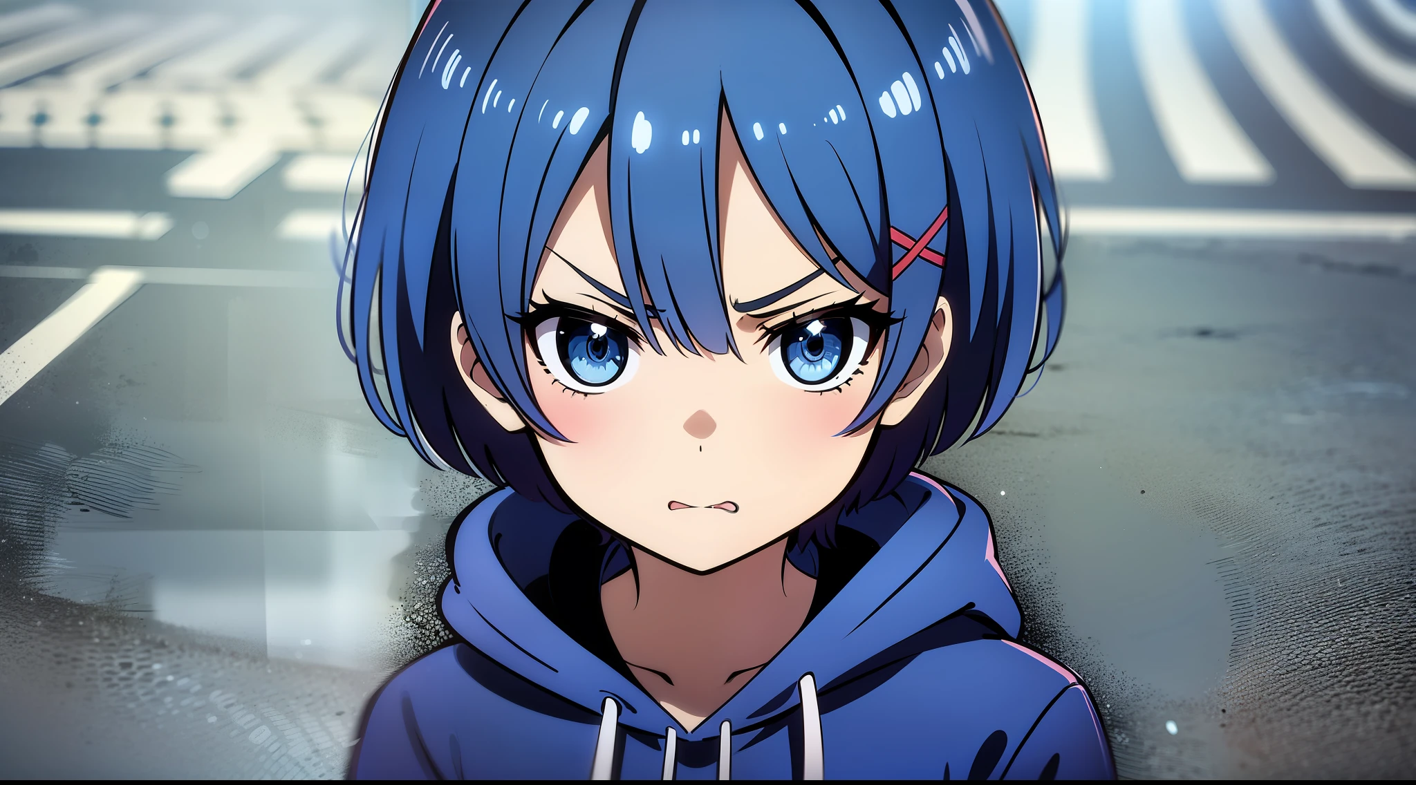 Masterpiece, rem rezero, short hair, blue eyes, angry face, blue hoodie, in the middle of the street, close up, portrait,