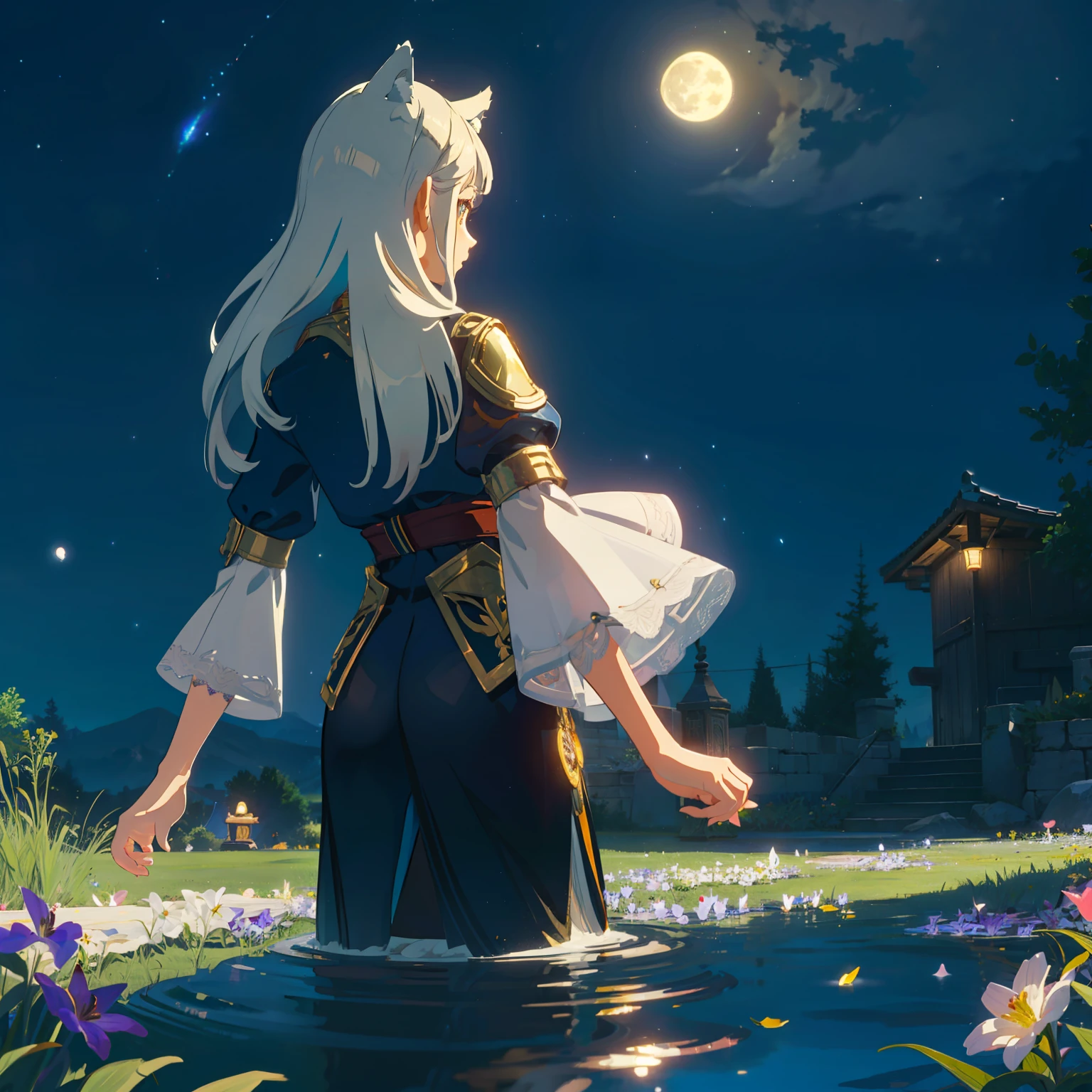 Spacious Landscape , (Looking Up and Down), Girl Standing in Flower Garden Looking Up, (Full Moon:1.2), ( Shooting Star:0.9), (Nebula:1.3), Starry Sky, White Flower Field, Shining Flower Field, Fantastic Flower Field, Trees , (Warm Light Source:1.2), (Firefly:1.2), Lamp, Orange and Blue mostly fine details, (Masterpiece:1.2), (Top Quality), 4k, Ultra Fine Detail, (Dynamic Composition:1.4), (Masterpiece: 1.2), (Top Quality), Lamp, Orange and Blue mostly fine details Voluminous Lighting BREAK (Masterpiece:1. 2), (Top Quality), 4k, Ultra-Detailed, (Dynamic Composition:1.4), Very Fine Detail, Colorful Detail, ( Iridescent:1.2), (Luminous Lighting, Ambient Lighting), Dreamlike, Fantastic, (Solo:1.2) Glitter, sparkle, petals dancing, dancing light, white hair, beautiful hair, long hair, cat ears, back view, water effect, soap bubbles, pose, large lace sleeve