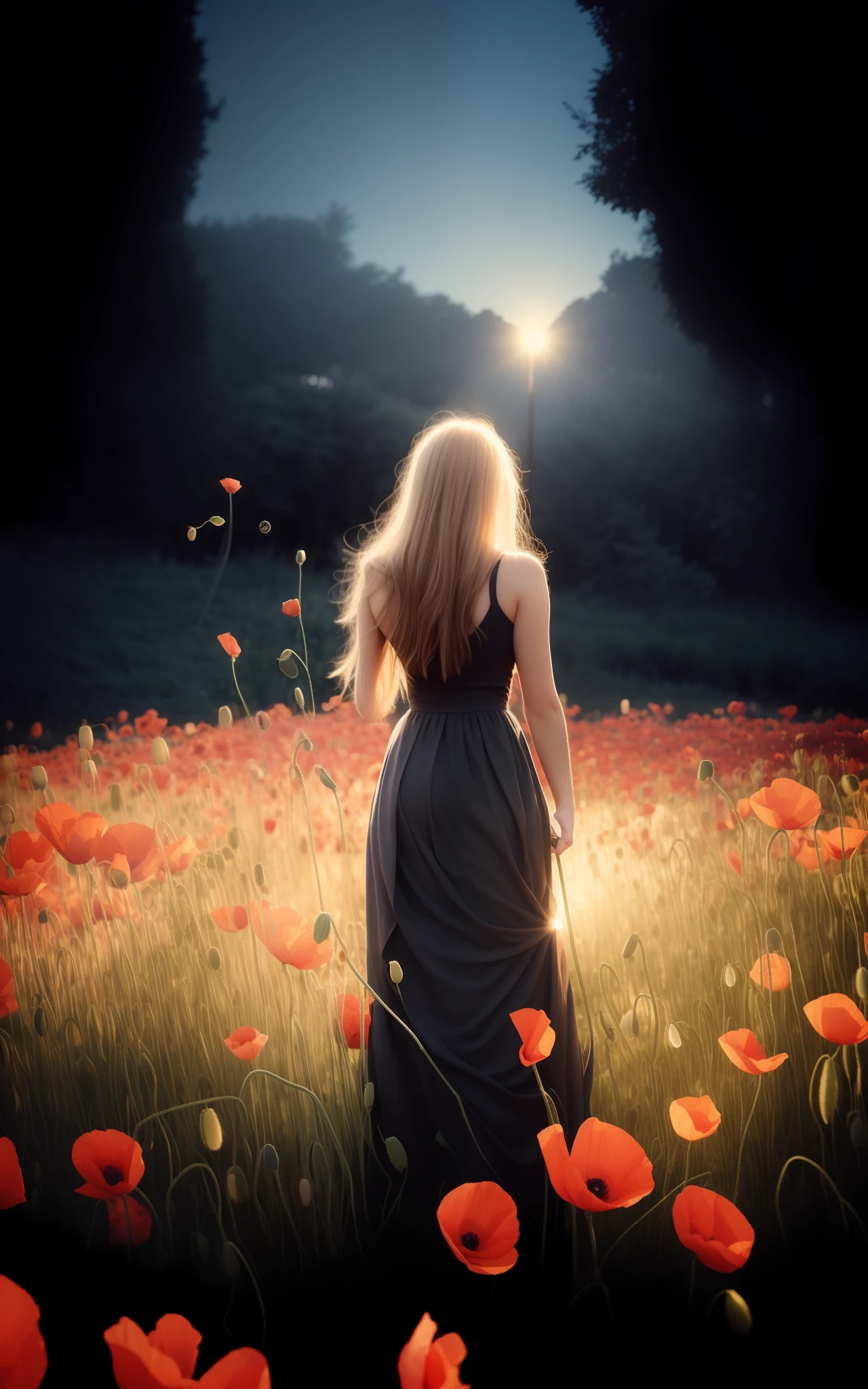 among poppy red flowers, black tool
dress, russian gril