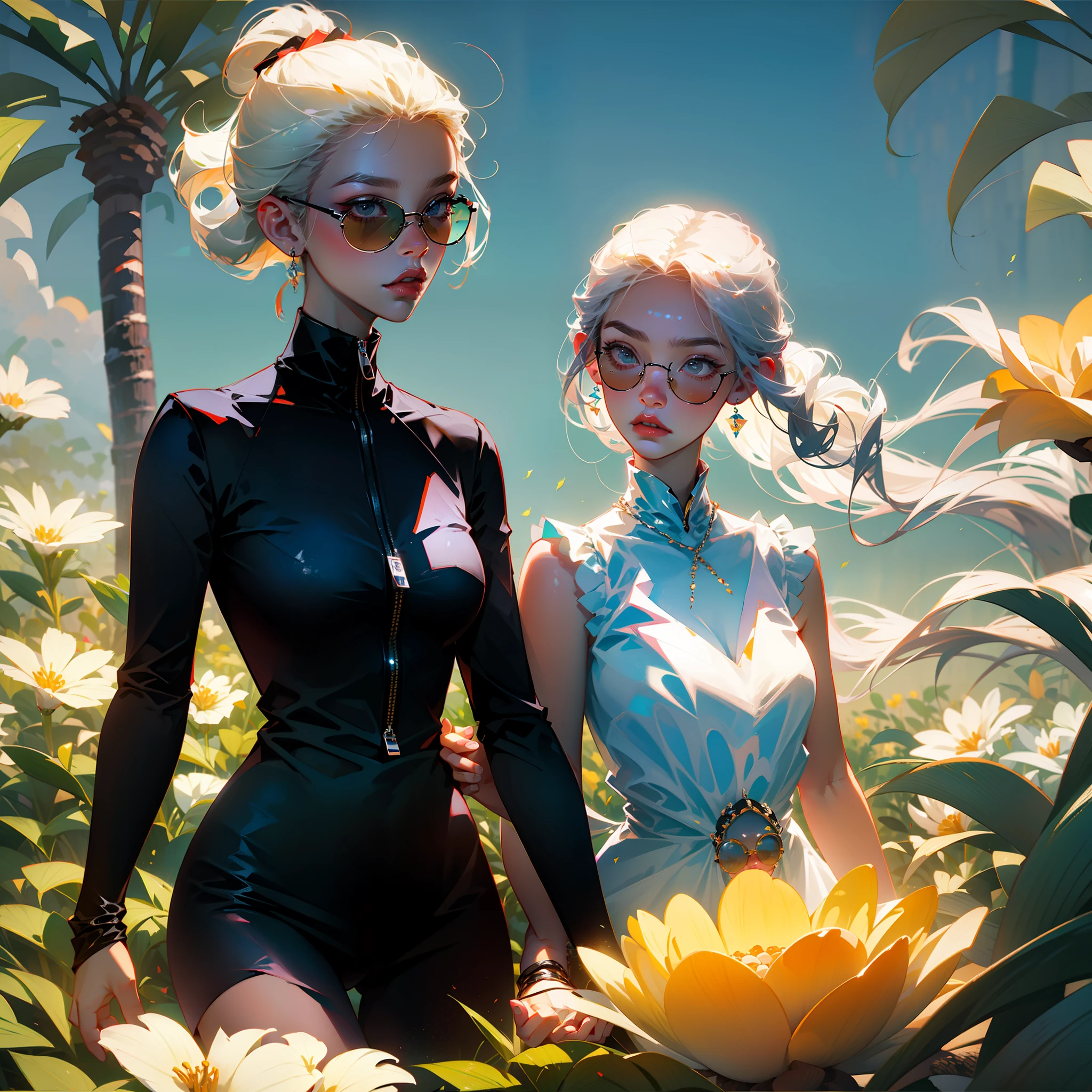 Masterpiece Two most beautiful girls driving a red convertible Blue-gray hair fluttering in the wind Wearing black sunglasses Wearing avant-garde bodycon Lips shining orange Chibi Chara 3D --auto