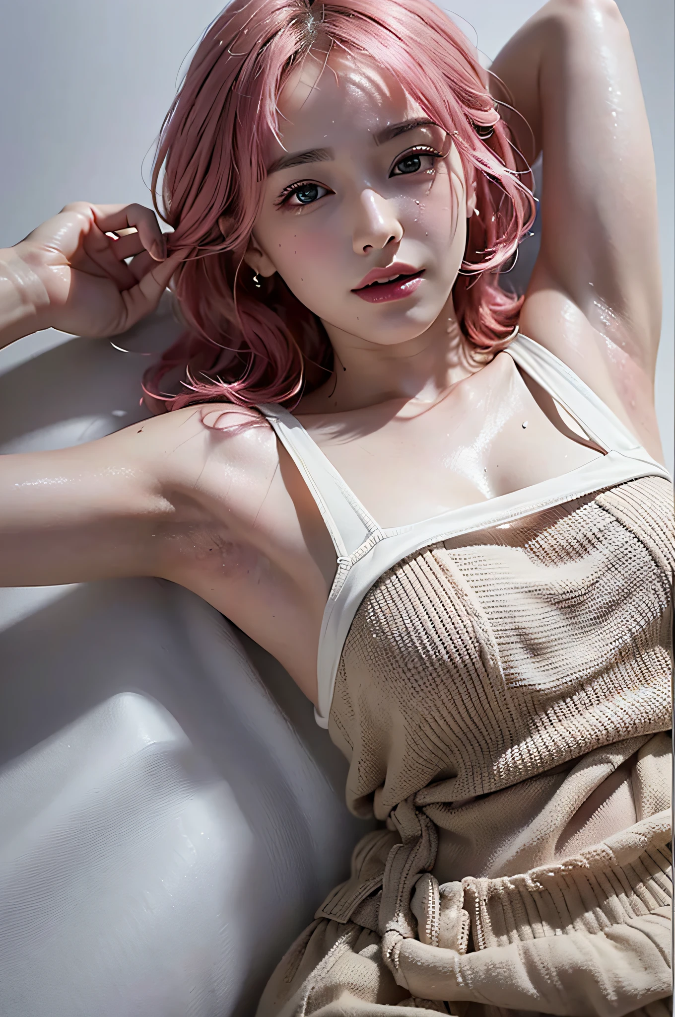 (Ultra Real), (Illustration), (High Definition), (8K), (Very Detailed), (Best Illustration), (Beautiful Detailed Eyes), (Best Quality), (Ultra Detailed), (Masterpiece), (Wallpaper), (Detailed Face), Droopy Eyes,Sweat,Upper Body Up,Ejaculation in Armpits,Short Hair,Pink Hair,Simple White Tank Top Girl, Japan Person, Huge, (Camel Toe)