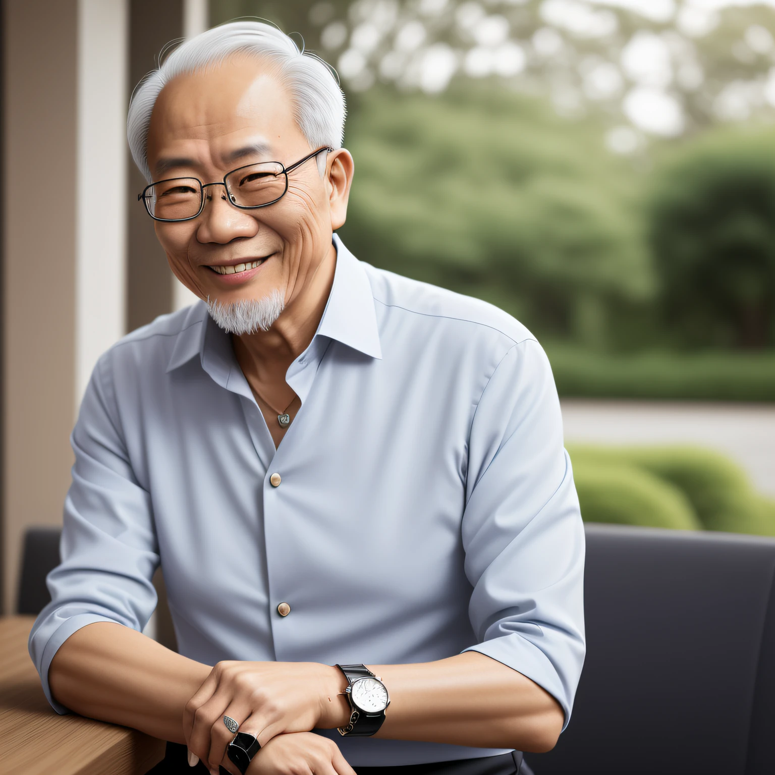 A 60-year-old Chinese man with short gray hair, smile, confident posture, white long-sleeved blouse, dark gray trousers, wearing a watch, gaze ahead, medium and long-range shot