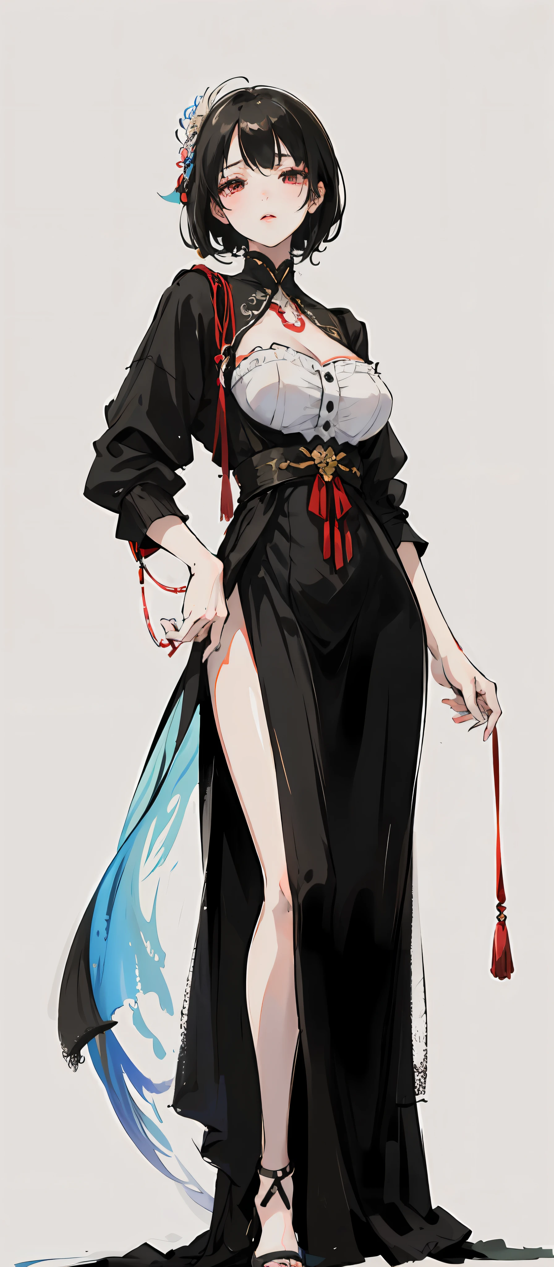 Masterpiece, Superb 1 Woman, Shirt, Fishtail Skirt, Ink Painting, Mature Woman, Black Woman with Short Hair, Hair Over Shoulder, Pale Pink Lips, Indifference, Seriousness, Bangs, Assassin, White, Facial Details, Correct Proportions, This painting was created in the Guweiz style and depicts an oil painting of a woman with short hair. The entire painting features a palette of white and black. The woman's face is very realistic female faces, which are loved by the audience. Presented in a meticulous drawing style. The women's black hair is like ink, their eyes seem to be full of watery red eyes, exuding a mysterious atmosphere, the women are dressed in elegant and exquisite clothing, and the whole painting shows a high degree of skill.