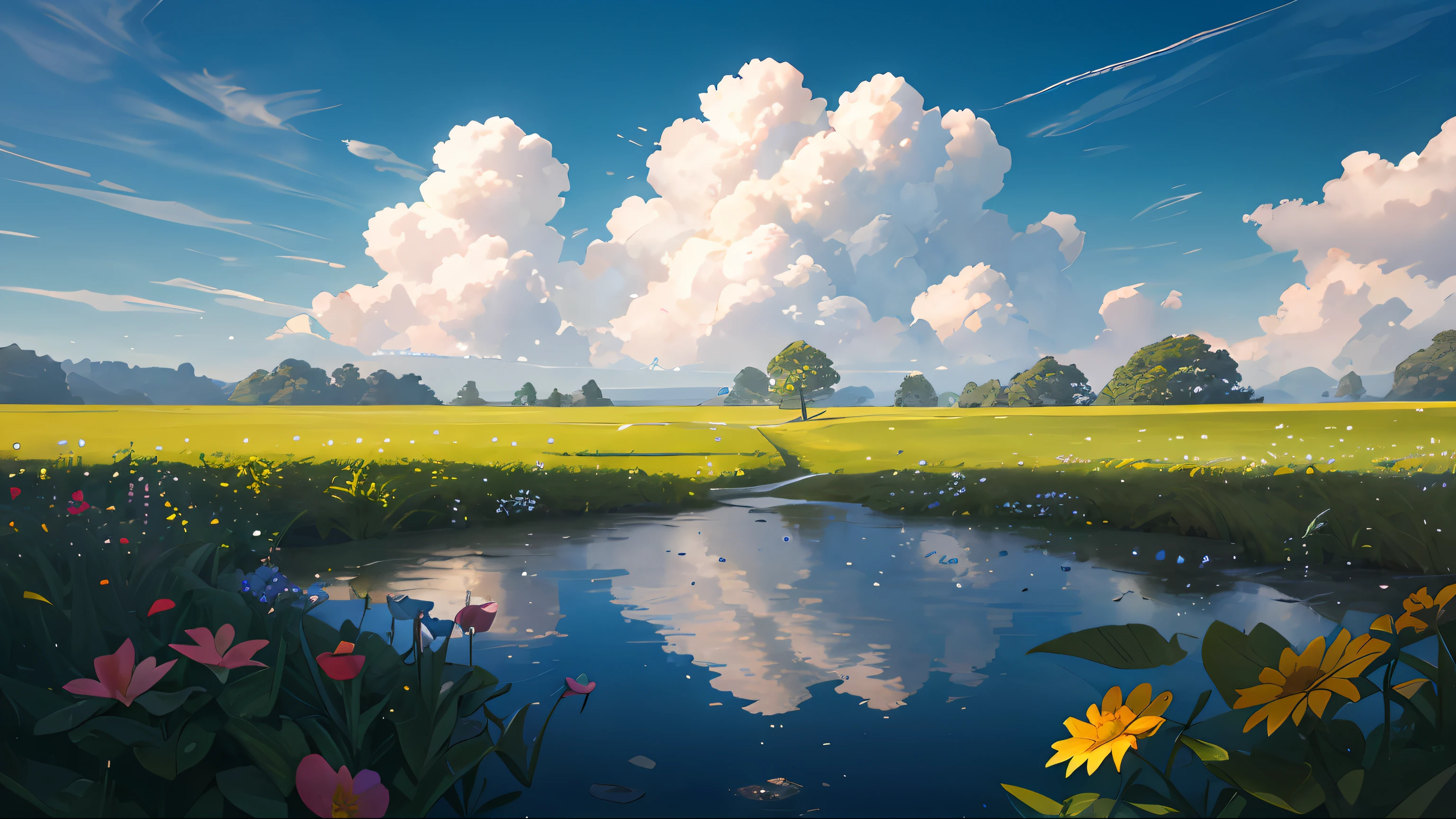 "Summer, meadows, few small flowers, clear lakes, sheep, heaven, big clouds, blue sky, hot weather, HD details, wet watermarks, hyper-detail, cinematic, surrealism, soft light, deep field focus scattering"