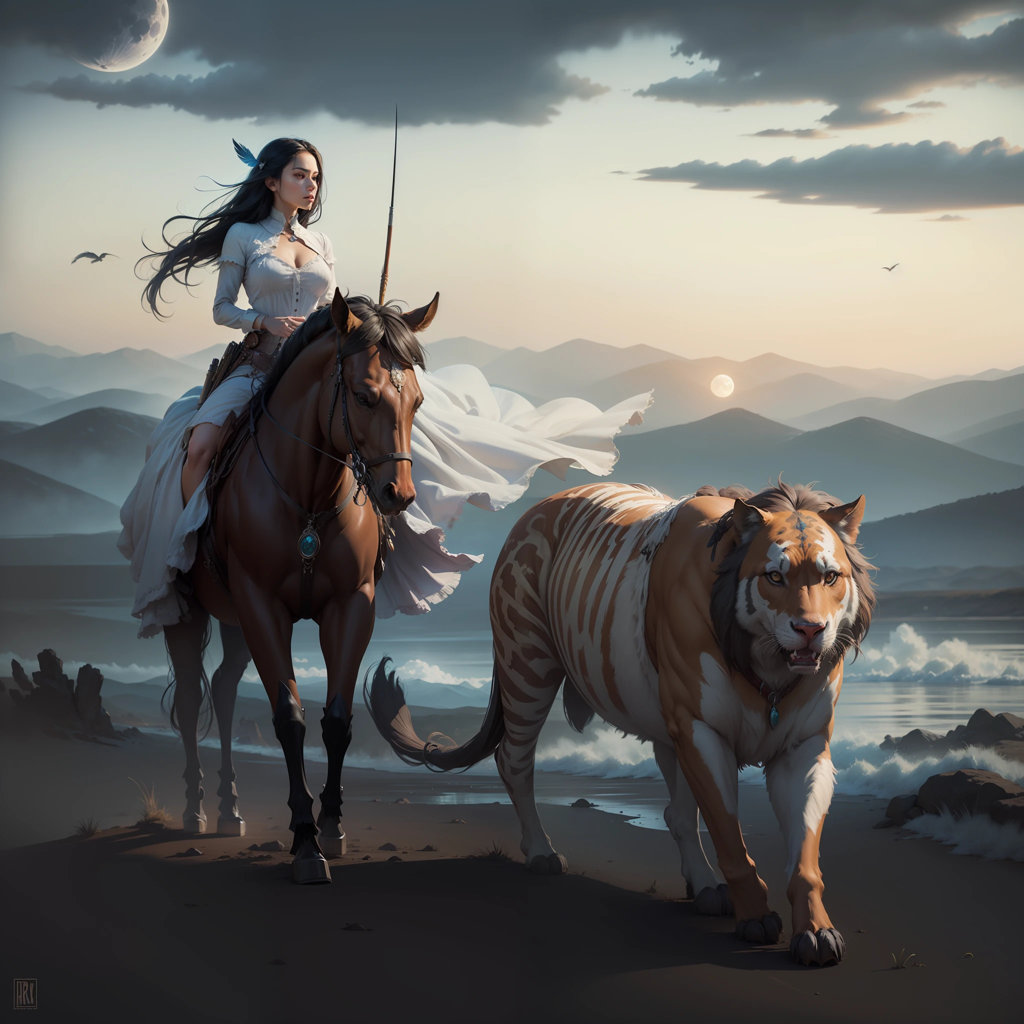 young beautiful Native American woman, perfect symmetrical face, native feather jewelry, traditional handmade dress, armed hunter warrior, (((Wild West))) environment, Utah landscape, ultra realistic, concept art, elegant, ((complex)), ((very detailed)), depth of field, ((professionally colored)), soft ambient lighting, twilight, 8k, drawing by Artgerm and Greg Rutkowski and Alphonse Mucha Super moon --auto --v 6 --s2