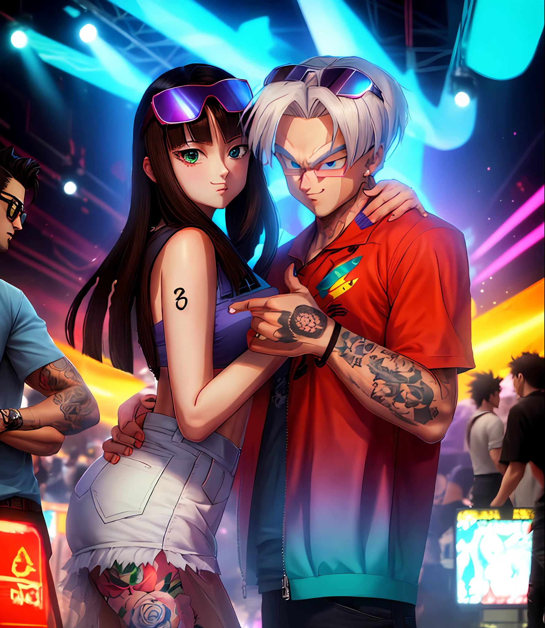 anime couple, with tattoos, reflective glasses resting on the head, light white skin, Trunks and Mai from Dragon Ball, electronic party background.