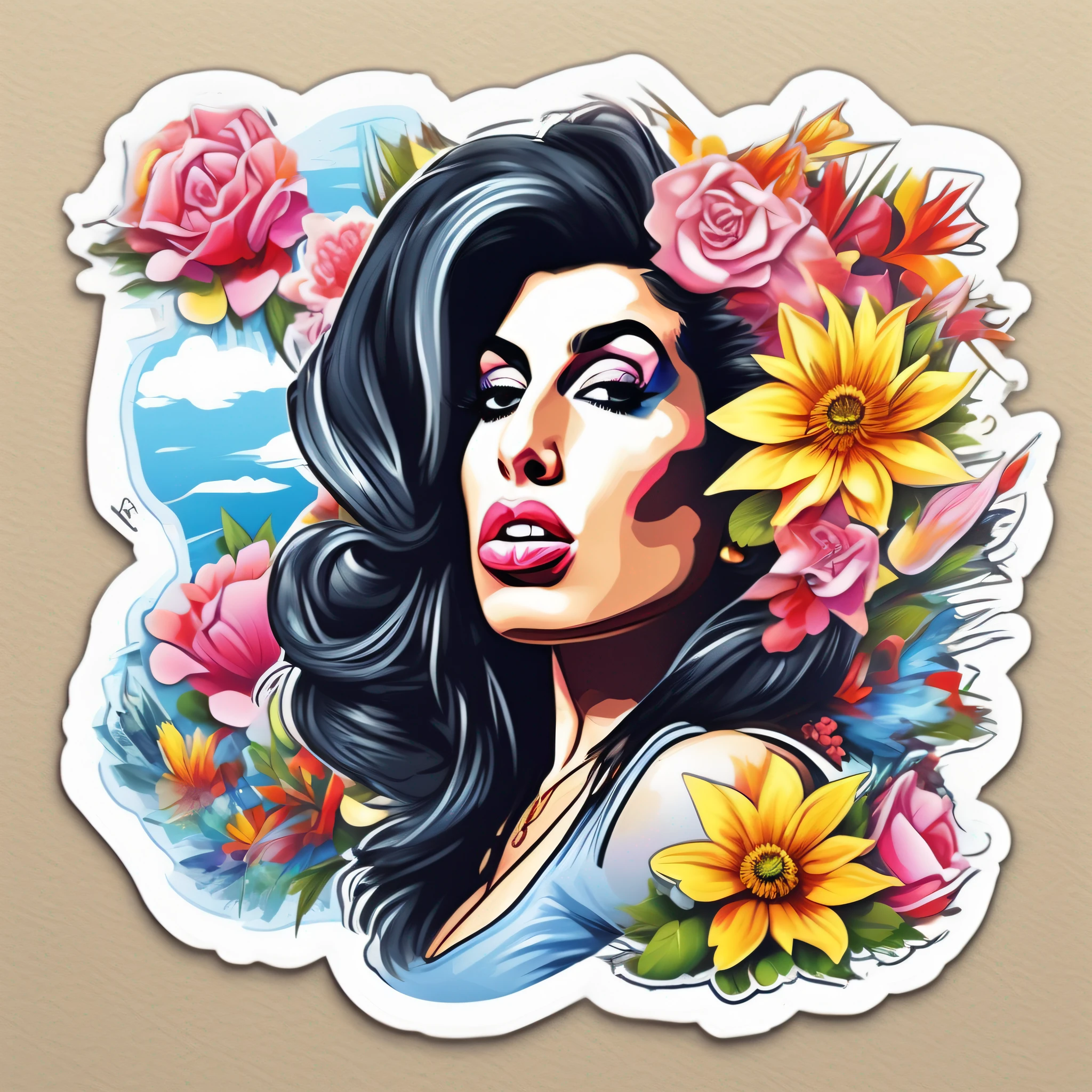 a sticker, artwork of t shirt graphic of amy winehouse digital painting style , beautiful flowers, sun and clouds , white background, highly detailed clean, vector image, photorealistic masterpiece, professional photography, realistic, flat white background, isometric, vibrant vector, clipart, illustration, realism, 4k, cinematic, front view,