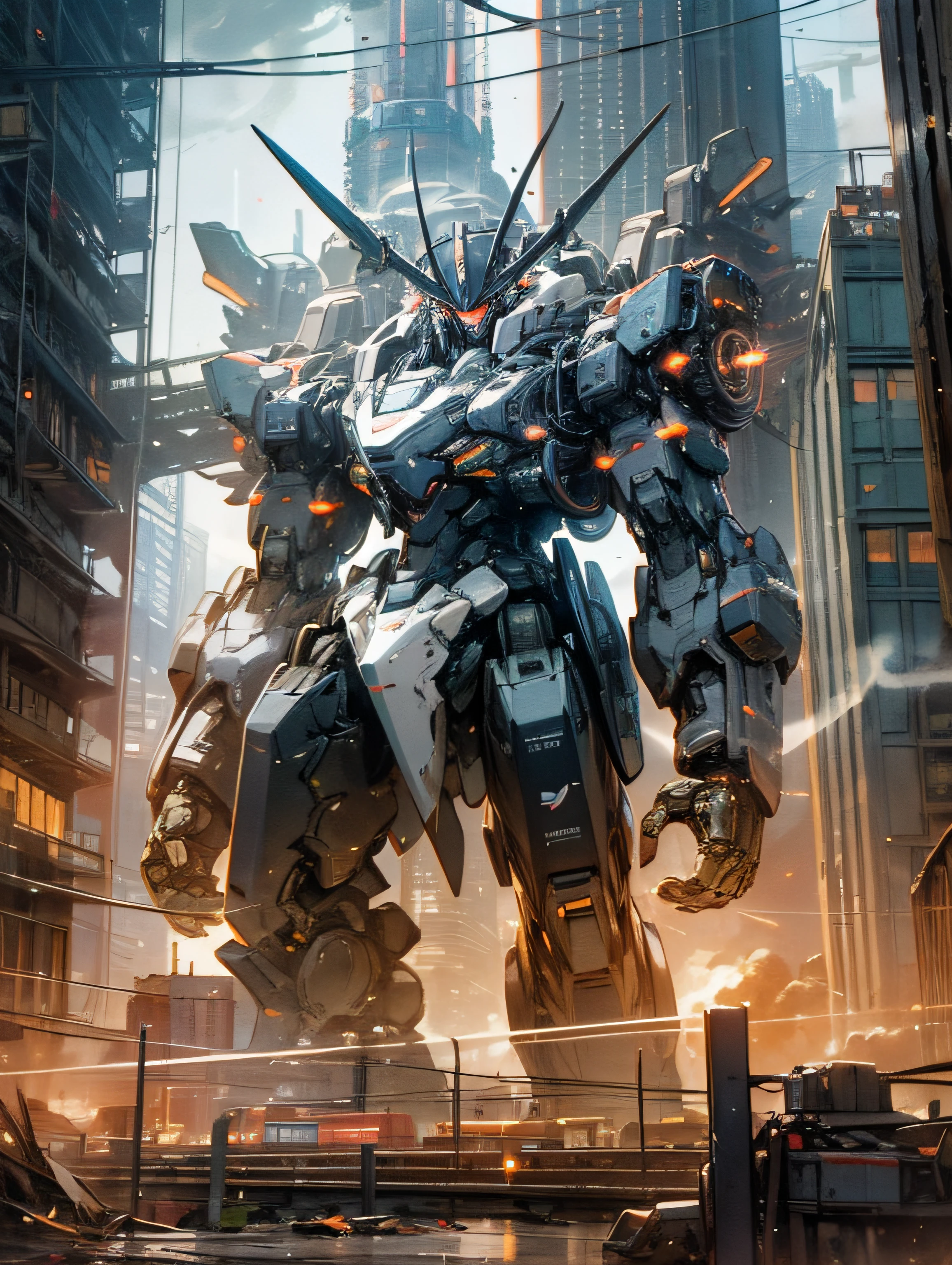 masterpiece, best quality, mecha, no humans, black armor, blue eyes, science fiction, fire, laser canon beam, war, conflict, destroyed city background,