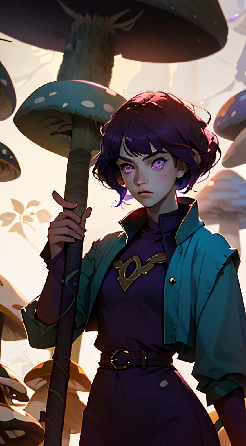 (best quality, masterpiece), 1girl, woman, 16 years old, druid, spores, fungi, mushroom hat on head, purple eyes, voluminous short curled red hair, purple clothes, holding staff, investigating a potion, backlight, upper body, pose