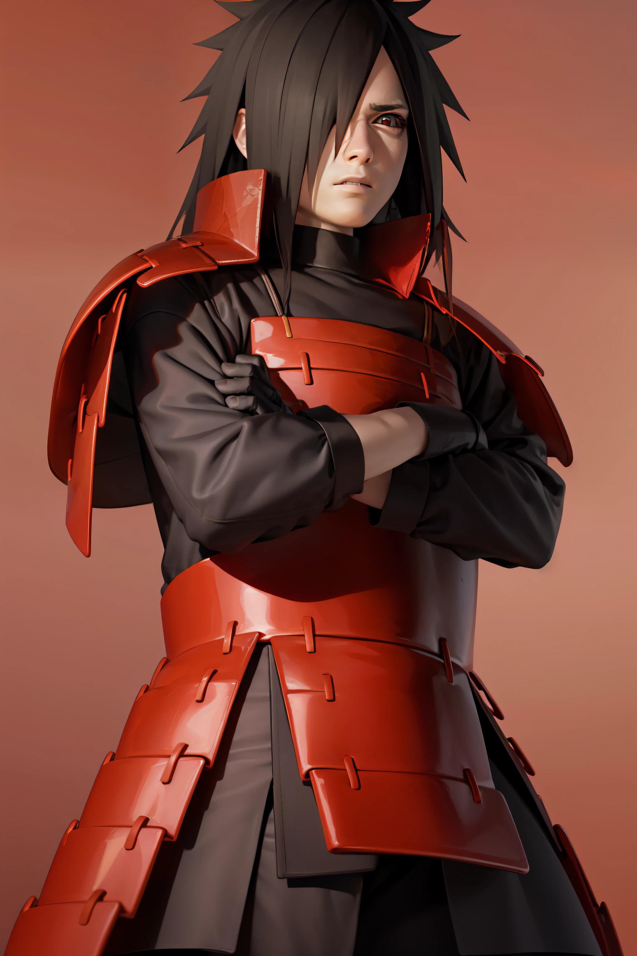 (masterpiece, best quality:1.2), red background, cowboy shot, solo, male focus, 1boy, uchiha madara, expressionless, looking at viewer, crossed arms, long hair, hair over one eye, japanese armor, black gloves