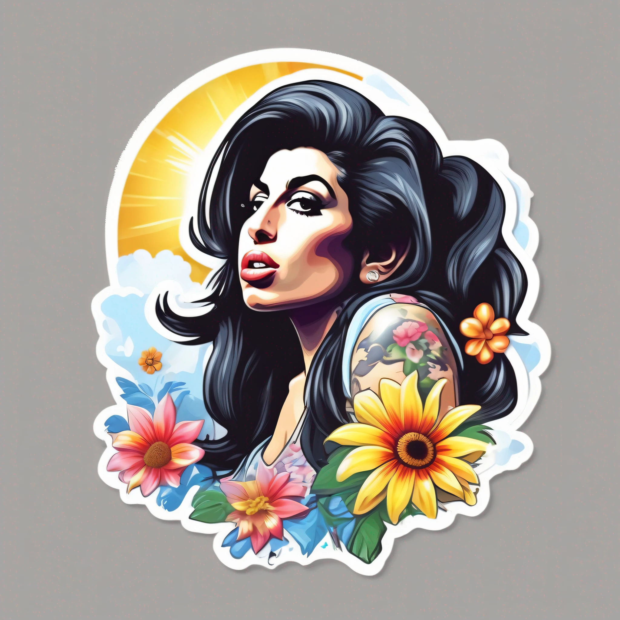 a sticker, artwork of t shirt graphic of amy winehouse digital painting style , beautiful flowers, sun and clouds , white background, highly detailed clean, vector image, photorealistic masterpiece, professional photography, realistic, flat white background, isometric, vibrant vector, clipart, illustration, realism, 4k, cinematic, front view,