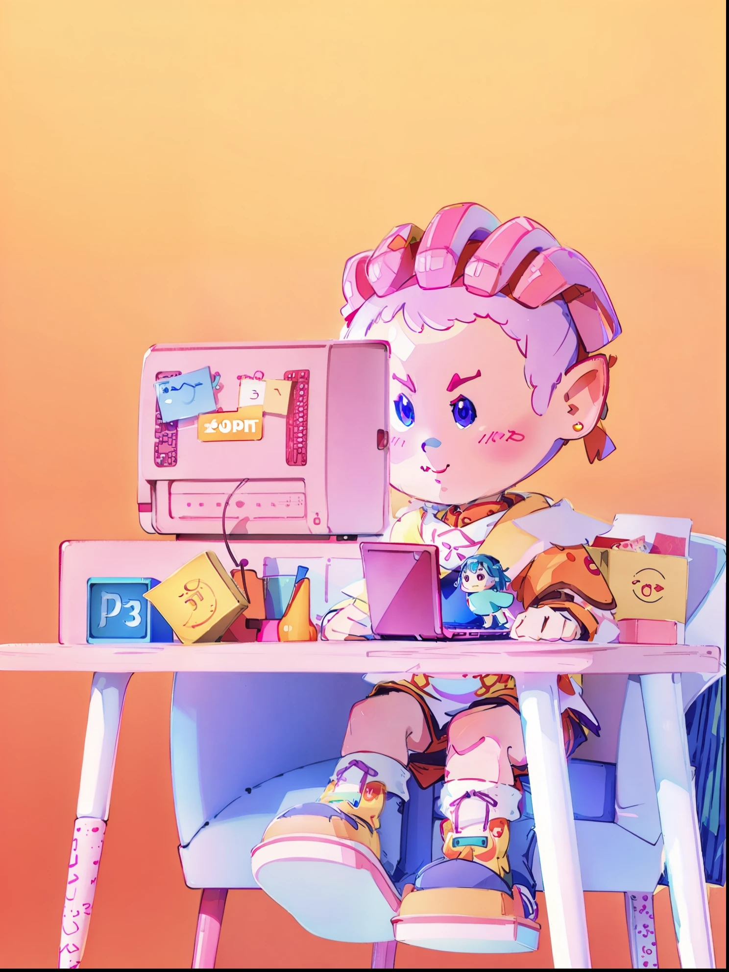 there is a small doll sitting at a desk with a laptop, cute 3 d render, animation style render, digital art render, 3 d illustration, 3d illustration, 2 d illustration, 2d illustration, pink iconic character, for hire 3d artist, stop motion character, kenny wong x pop mart, 3d grainy aesthetic illustration, 3d characters