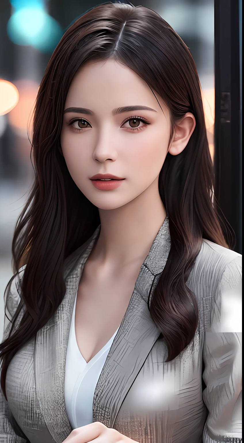 Top Quality, Masterpiece, One Girl, Beautiful Face, (Photorealistic Photos:1.3), Rim Lighting, (High Detail Skin:1.2), 8K UHD, DSLR, High Quality, High Resolution, 4K, 8K, Bokeh,, Best Ratio Four Fingers and One Thumb, (Real:1.3), Cute 1 Girl, Wearing Black Formal Blazer, Middle Breast,