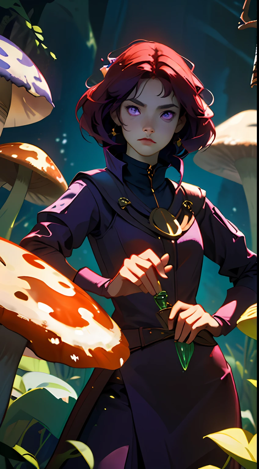(best quality, masterpiece), 1girl, woman, , druid, spores, fungi, mushroom hat on head, purple eyes, voluminous short curled red hair, purple clothes, holding staff, investigating a potion, backlight, upper body, pose