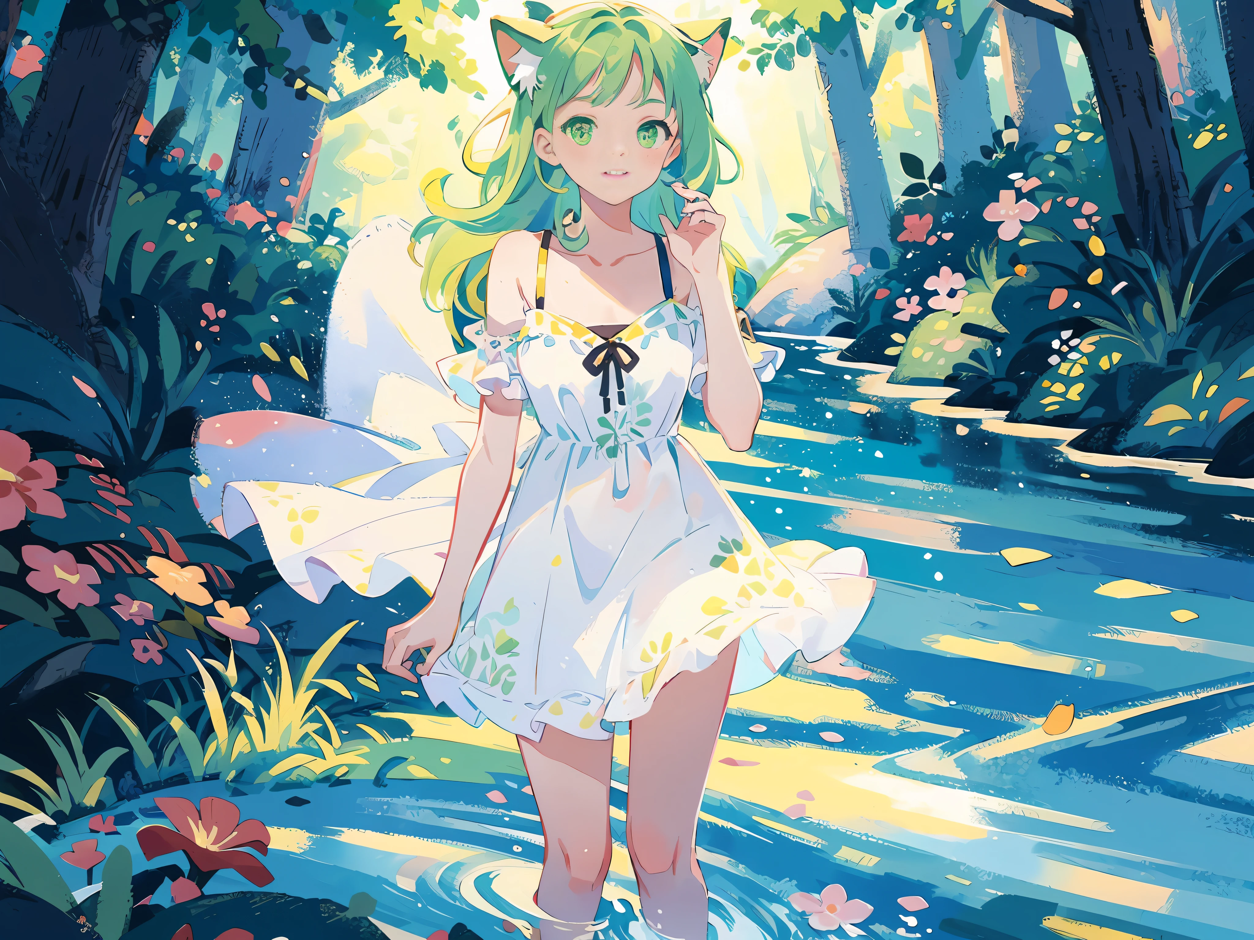 (highest quality), (masterpiece: 1.2), (colorful: 0.9), (ink splash)), (color splashing), (watercolor)))), clear focus, model shot, full body,
(Summer Portrait Goddess: 1.5), cute look, cat ears, elegant green hair, beautiful detailed face and eyes, elegant goddess clothes, ((summer forest background)),
Colored Water, Forest