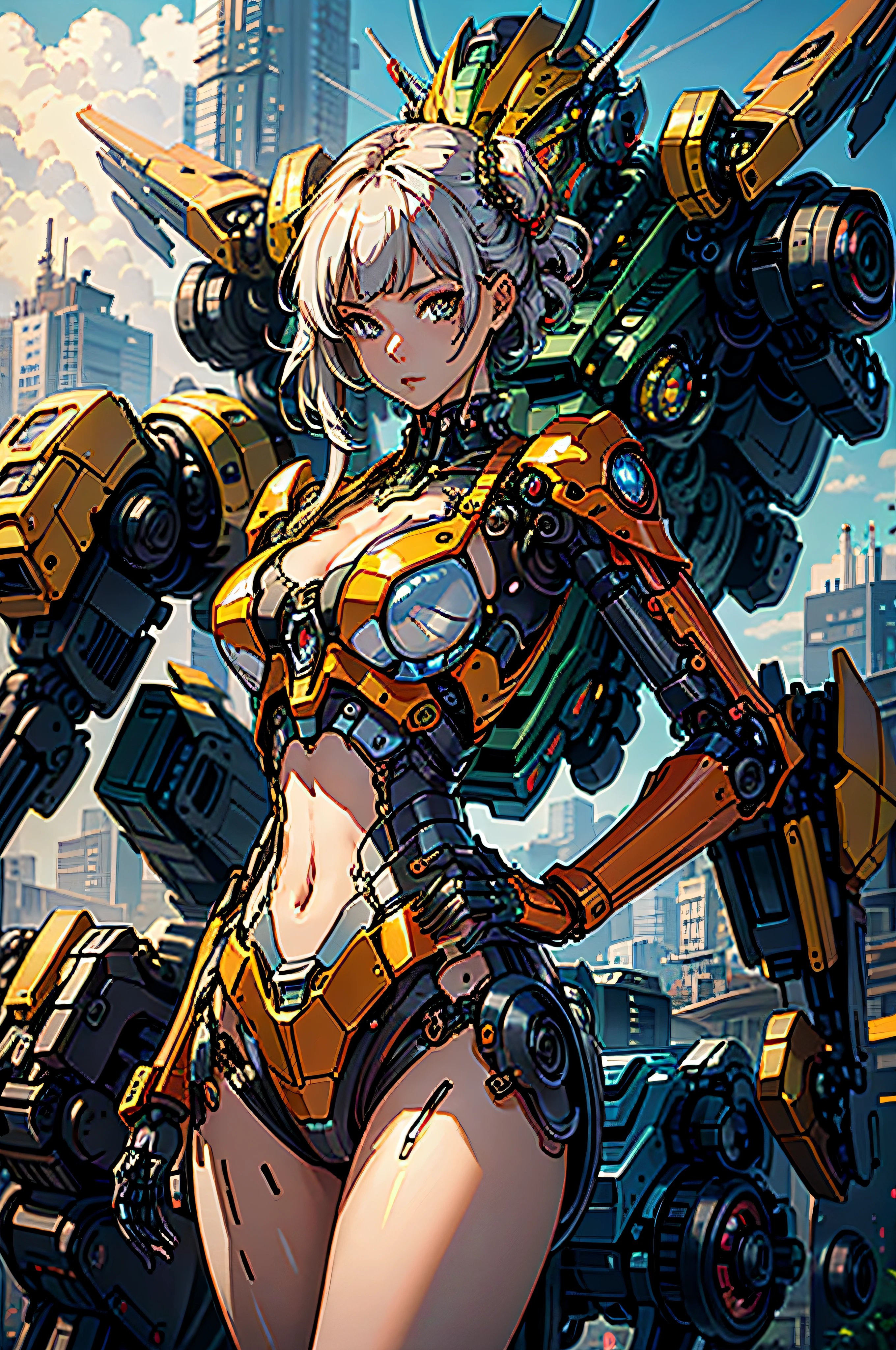 ((masterpiece, better quality)),illustration,ultra detailed 8k,photorealistic,sharp focus,very detailed,professional lighting,colorful details,iridescent colors BREAK extremely long plan of a factory,large mechanical robot construction,microchip,computer,glossy, intricate details,shitu-mecha,1girl stands next to Mecha, Gundam, navel, cute, sexy, eyes ultra detailed,
