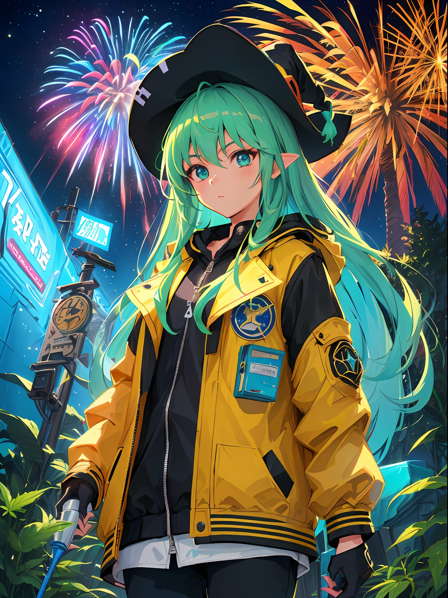 Cannabis bushes, marijuana leaves, neon fireworks, neon city, neon lights, sorceress, witch, skull, dragon, magic items, elixir of life, magical, fruit anthropomorphic, jacket and with mechanical weapons, Pixar animation, Disney animation, cool blind box, OC rendering, ray tracing, high quality, high detail, high resolution, 8k, bust size, it means &quot; A reference to the animated film &quot;Interstella 5555&quot;.