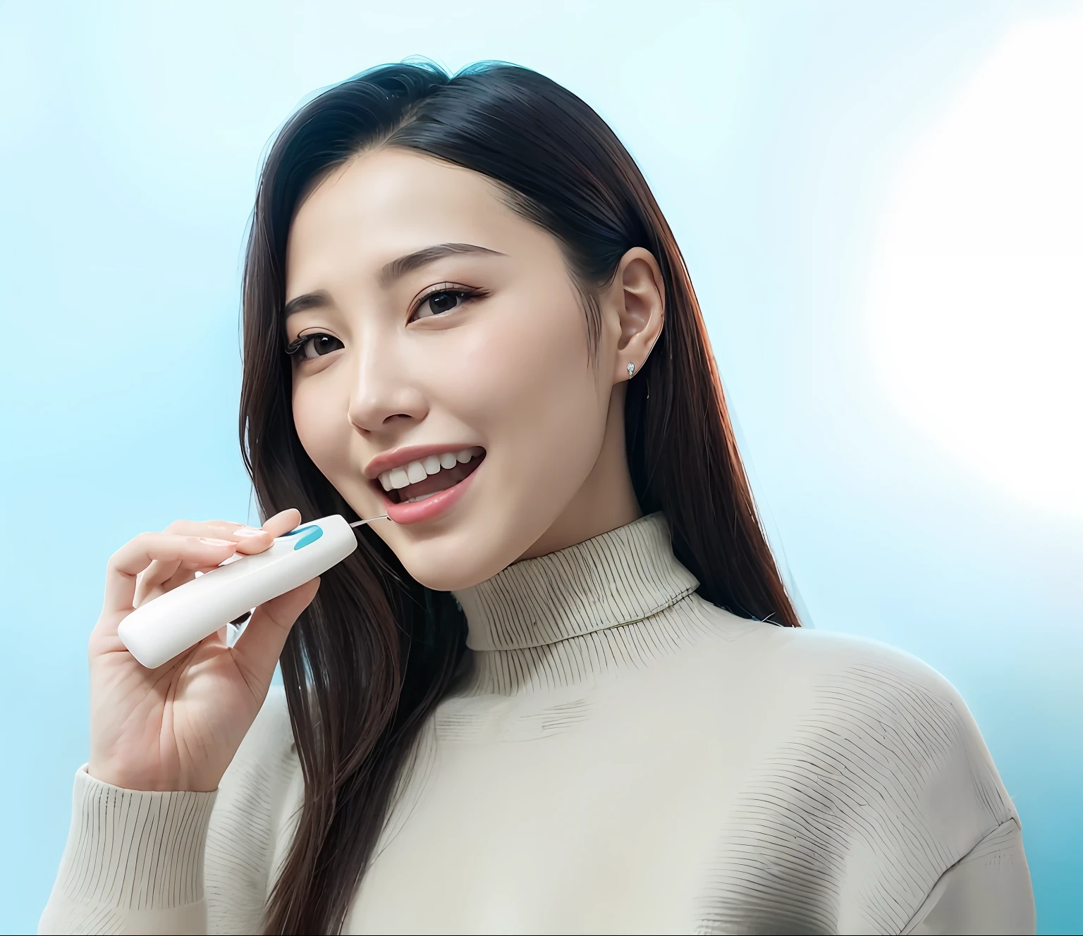 araffe woman brushing her teeth with a toothbrush against a blue background, dilraba dilmurat, li zixin, gongbi, sha xi, serene smile, zun, lady, li bingbing, lu ji, bottom angle, technology, yang qi, sleek design, bae suzy, qiu fang, zeng fanzh, with accurate features