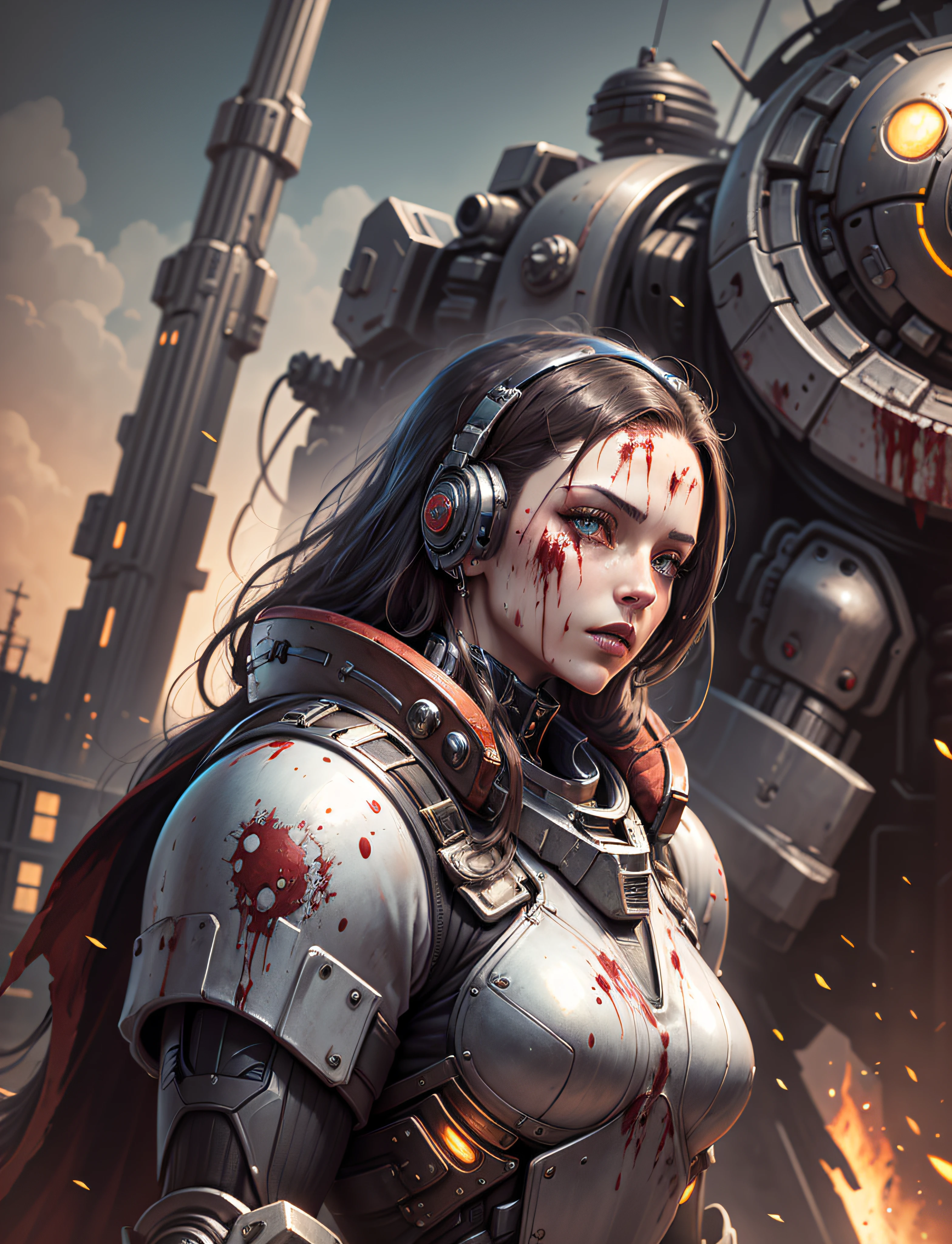Space marine, harhammer 40,000, world at war, beautiful cyberpunk woman with very detailed mecha treatment, vibrant colors, metallic red, dirty with blood, with sky with clouds and full moon and battleships, whole body with detailed armor, bloody battlefield,