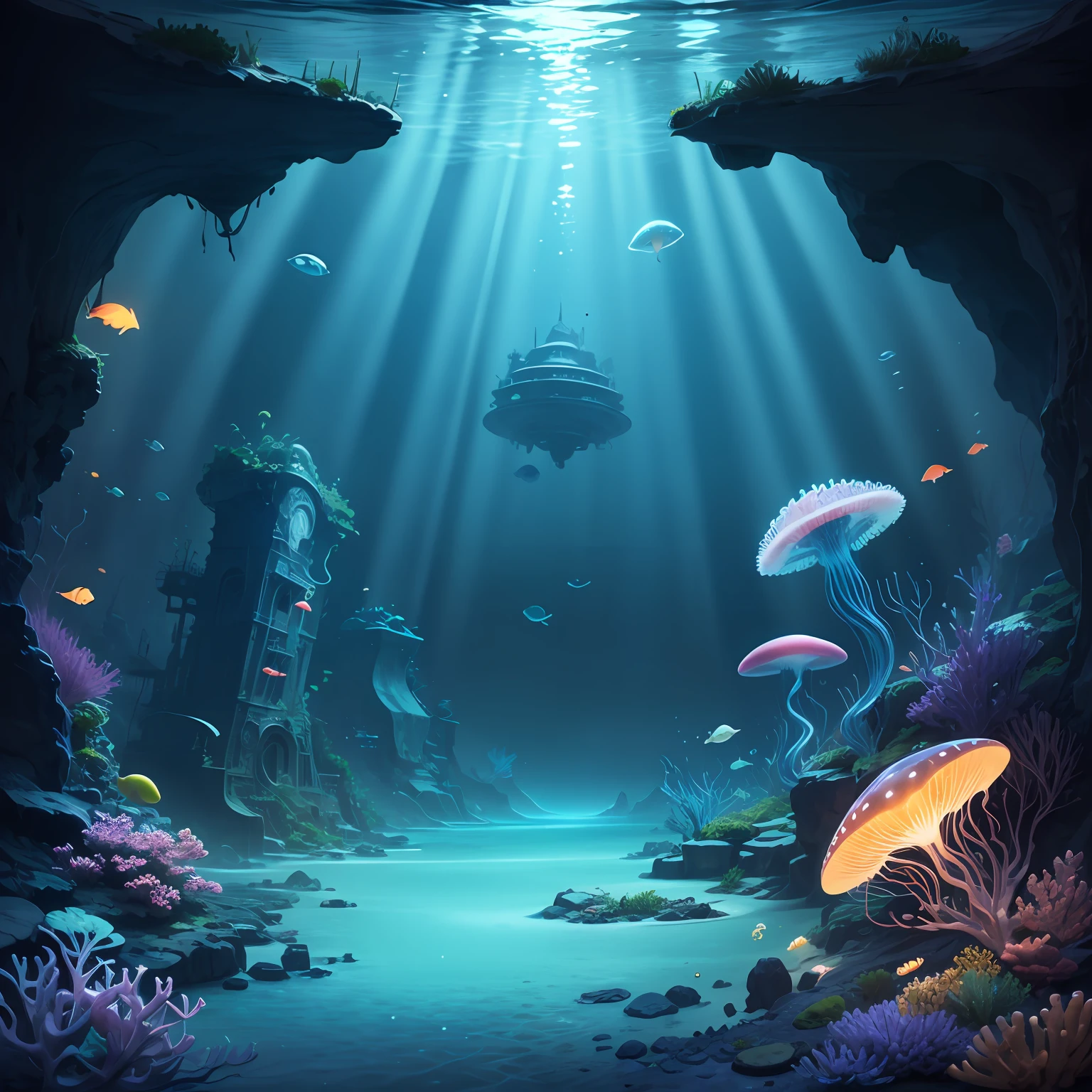 Lost Atlantis, Uncharted, Underwater City, Coral, Jellyfish, Dream, Blue, Purple, Tyndall Light, Light Spot, Little Fresh, Mermaid --auto
