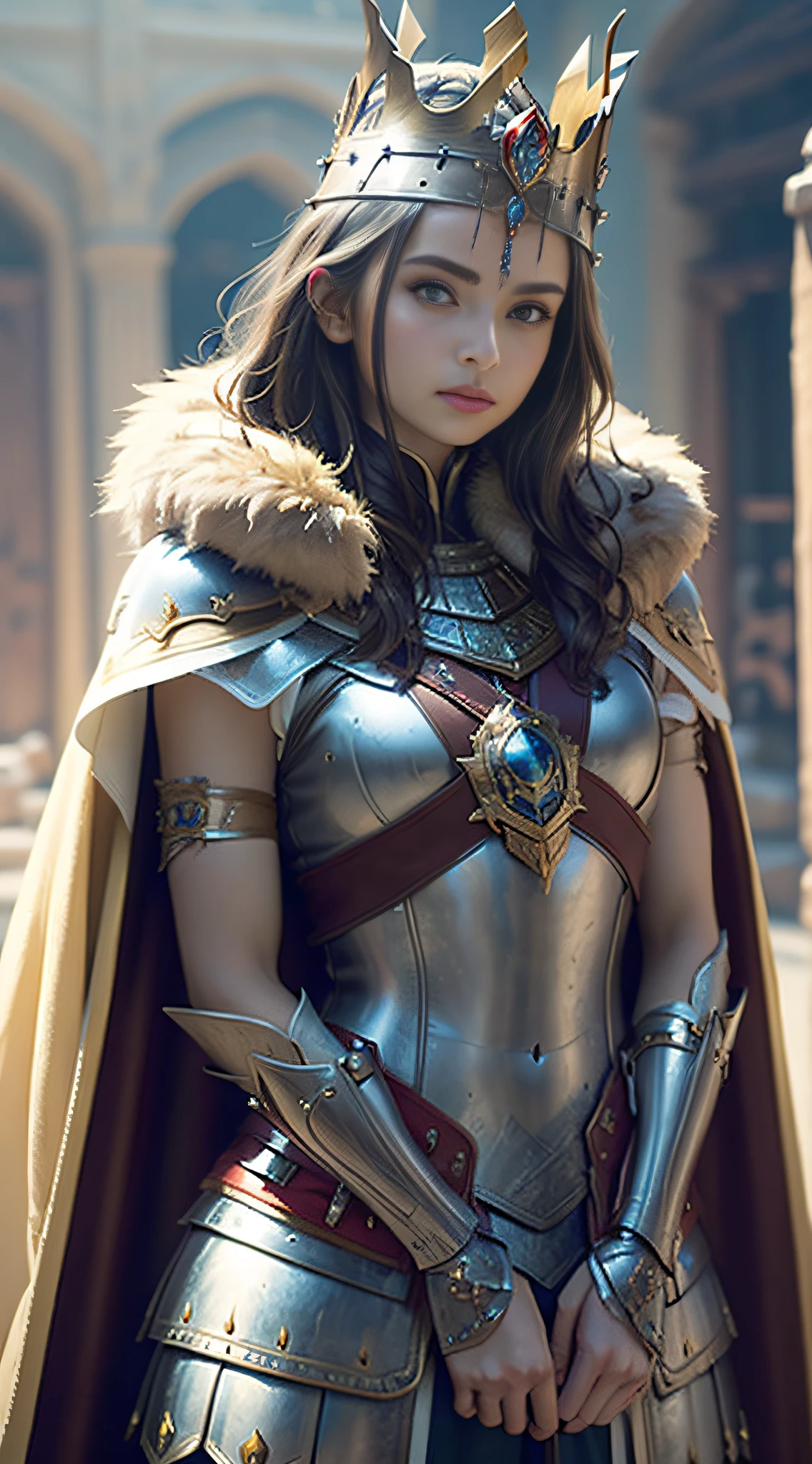 (masterpiece, top quality, best quality, official art, beautiful and aesthetic:1.2), (1girl), (warrior queen armor, fur-lined cape, jeweled crown:1.2),serious