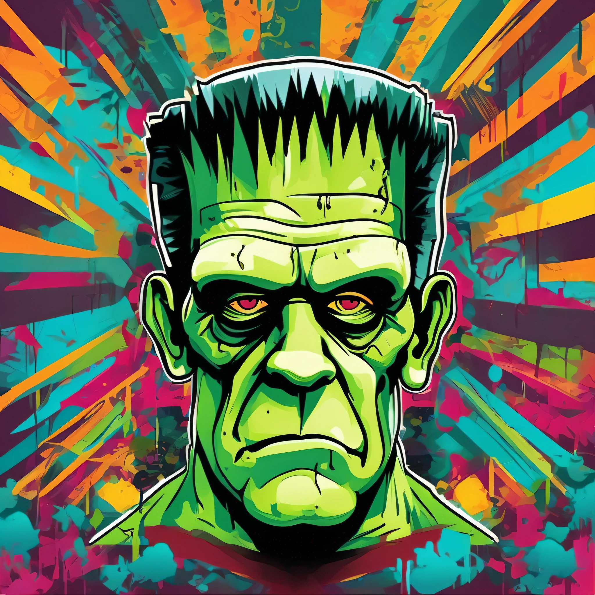ready-to-print vector art colorful illustration of graffiti of frankenstein, face only, symmetrical vibrant color, high detail