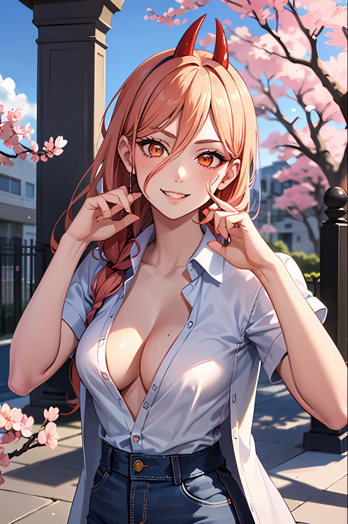 (anime style),masterpiece, best quality, ultra-detailed, glistening shiny, glowing light, ray tracing, HDR, deph of field, (perfect face, detailed face, detailed eyes),(medium boobs:1.2),8k,HD,ultra realistic face,ray tracing,perfect lighting,best quality, ultra-detailed, shiny eyes, (looking at viewer,sensual smile:1.1), ((1girl)), (gyaru, mature female:1.4),cowboy shot,
power,long hair,sharp teeth, demon horns, red horns,symbol-shaped pupils,((gradient hair)),multicolored eyes, gradient eyes, (glowing eyes:1.1), mascara, (fashion make up), parted lips,collared shirt,open coat, blue coat, blue jeans,
((school, school gate, cherry trees, cherry blossoms, flying petals)),complex background,((super detailed background)), sensual poses, ((8k wallpaper)) ,