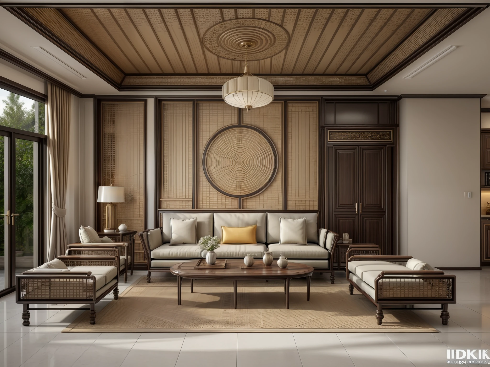 (indochina design LIVINGROOM:1.3), (photo realistic:1.2), (supper detail:1.2),1bed, 1 chair, classical chinese style pattern for the wall, 1 classic altar, 2 indochina chair, indochina style of cabinet, orange wall, indoor, (blackken wood :.1), indochina panel door indoor, (The ceiling is made from woven rattan sheets and lintels), daylight, Unreal Engineer 8K, full HD 8K