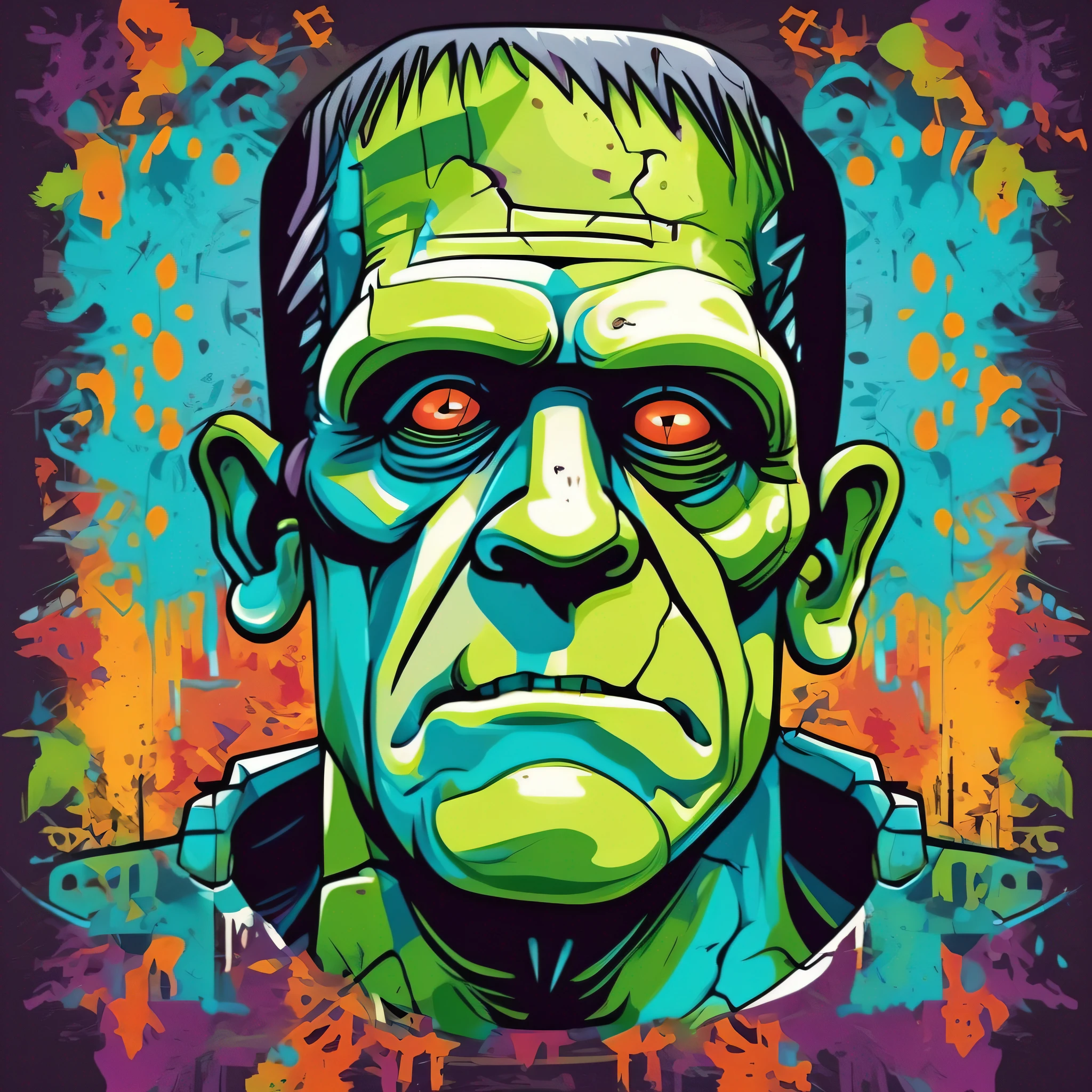 ready-to-print vector art colorful illustration of graffiti of frankenstein, face only, symmetrical vibrant color, high detail