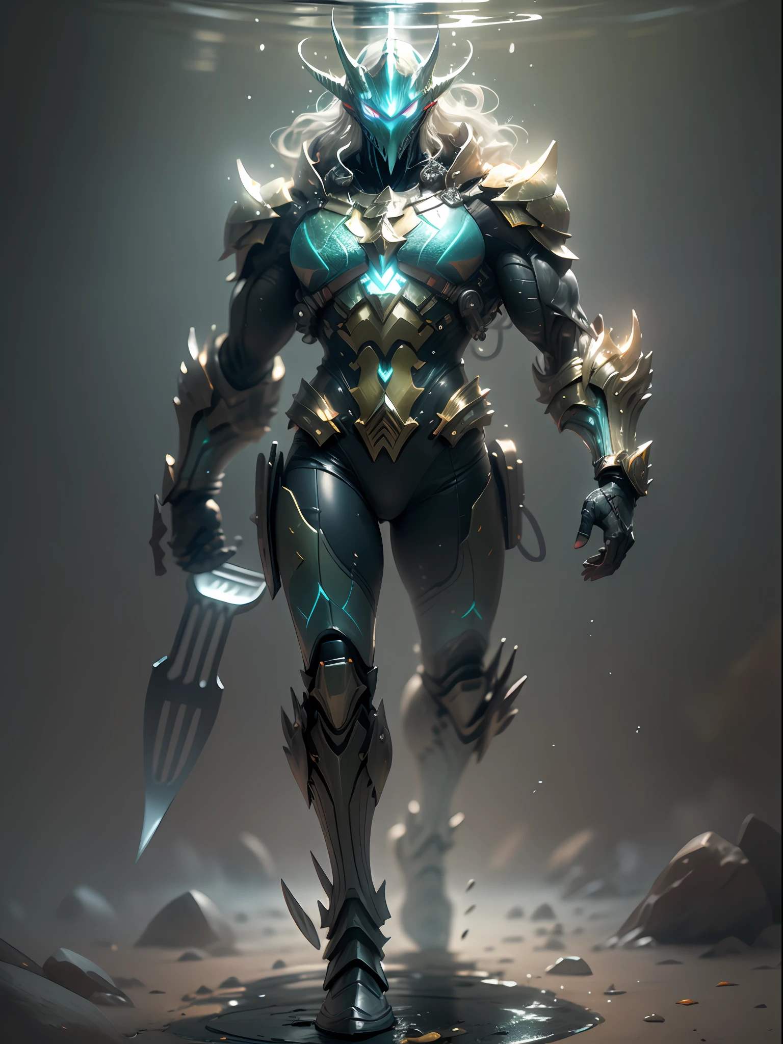 Has Aquaman fork ghost ocean warrior, super cool ghost ocean warrior, has huge fork, sea god, green fork, fork, wearing blue mechanical armor, water flow flying column, swinging fork pose, imposing walking, positive perspective, perfect body proportions, tall figure, tall height, full body photo, super detail, looking up view, IP by pop mart, edge light, avatar, octane rendering, blender, full body, clean black background, 3d, c4d, best quality, very detailed, Ancient Technology, HDR (High Dynamic Range), Ray Tracing, NVIDIA RTX, Super Resolution, Unreal 5, Subsurface Scattering, PBR Texture, Post Processing, Anisotropic Filtering, Depth of Field, Maximum Clarity and Acutance, Multilayer Textures, Albedo and Highlight Maps, Surface Shading, Accurate Simulation of Light-Material Interactions, Perfect Proportions, Octane Rendering, Two-tone Lighting, Low ISO, White Balance, Rule of Thirds, Wide Aperture, 8K RAW, High Efficiency Sub-Pixel, Subpixel Convolution, Glowing Particles, Light scattering, Tyndall effect