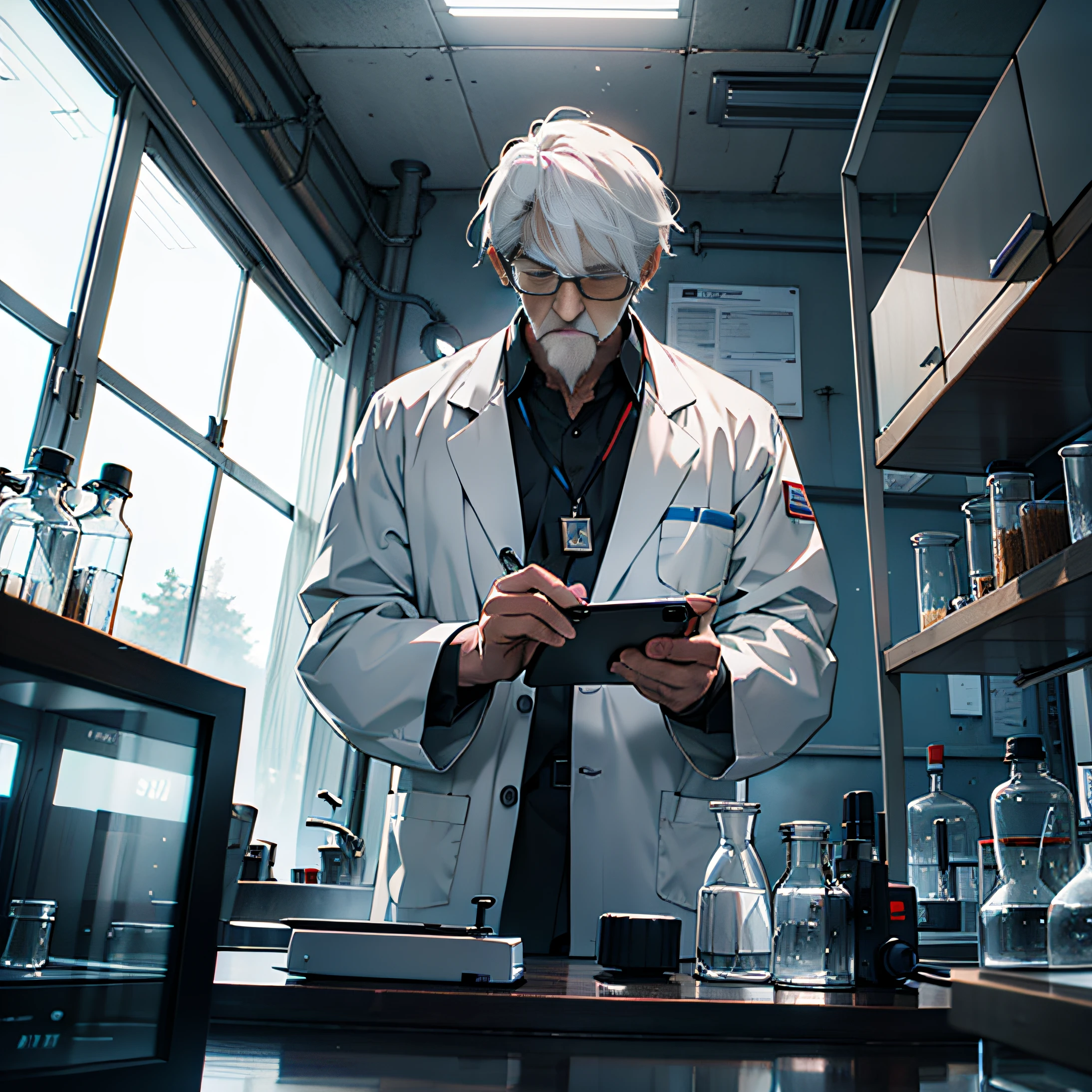 lab, old man, scientist, lab coat, white hair, futuristic, anime, ray tracing, ultra hd, masterpiece, high resolution, sense of technology, single, phone answering, lithography machine, machine