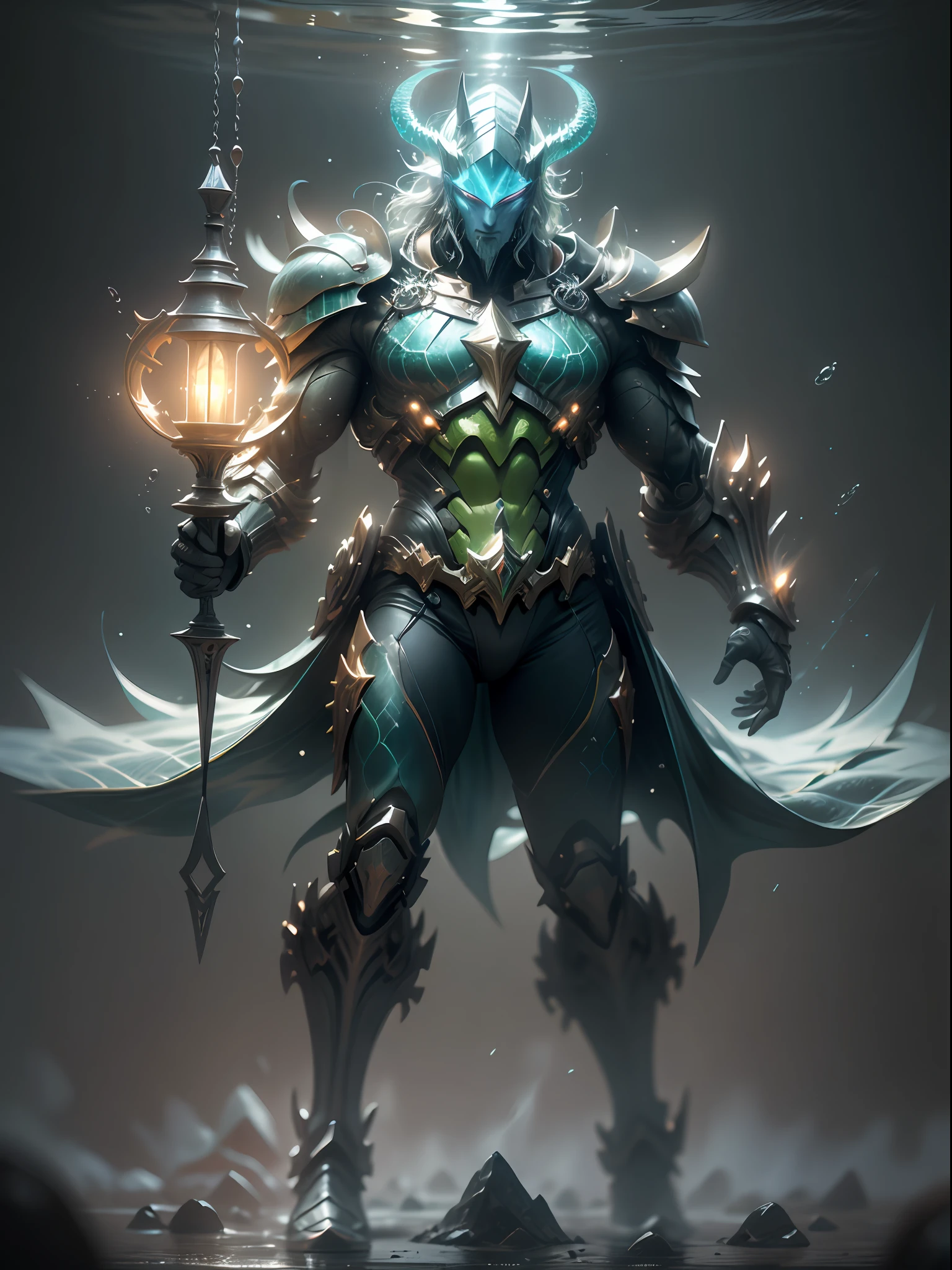 Has Aquaman fork ghost ocean warrior, super cool ghost ocean warrior, has huge fork, sea god, green fork, fork, wearing blue mechanical armor, water flow flying column, swinging fork pose, imposing walking, positive perspective, perfect body proportions, tall figure, tall height, full body photo, super detail, looking up view, IP by pop mart, edge light, avatar, octane rendering, blender, full body, clean black background, 3d, c4d, best quality, very detailed, Ancient Technology, HDR (High Dynamic Range), Ray Tracing, NVIDIA RTX, Super Resolution, Unreal 5, Subsurface Scattering, PBR Texture, Post Processing, Anisotropic Filtering, Depth of Field, Maximum Clarity and Acutance, Multilayer Textures, Albedo and Highlight Maps, Surface Shading, Accurate Simulation of Light-Material Interactions, Perfect Proportions, Octane Rendering, Two-tone Lighting, Low ISO, White Balance, Rule of Thirds, Wide Aperture, 8K RAW, High Efficiency Sub-Pixel, Subpixel Convolution, Glowing Particles, Light scattering, Tyndall effect
