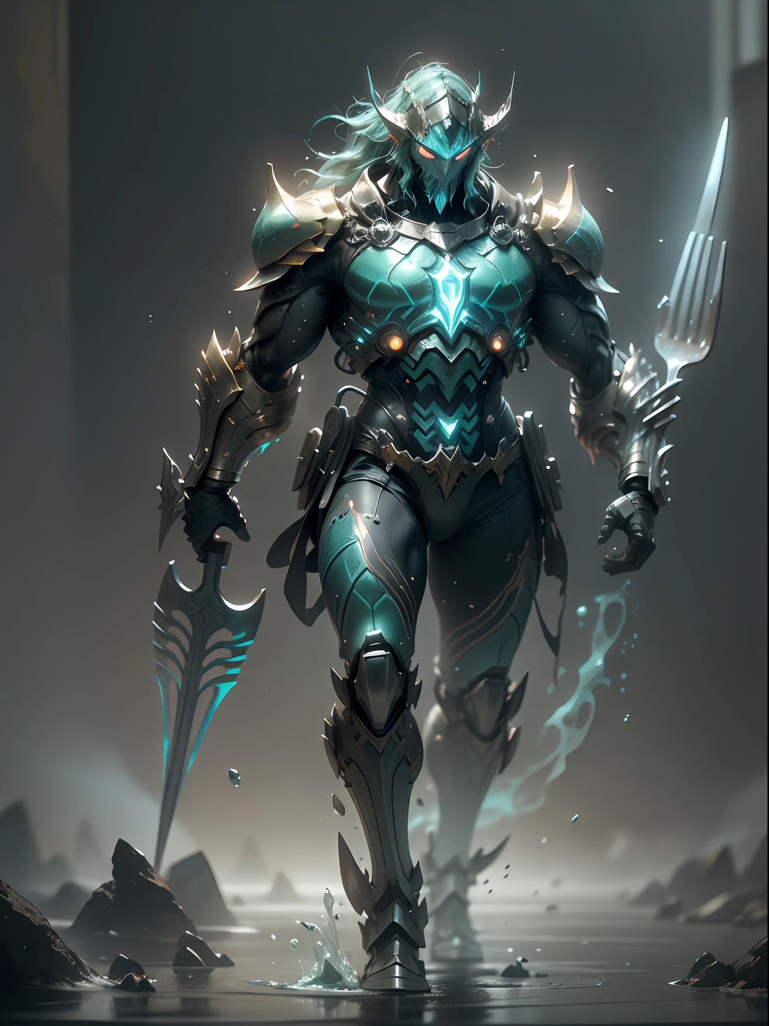Has Aquaman fork ghost ocean warrior, super cool ghost ocean warrior, has huge fork, sea god, green fork, fork, wearing blue mechanical armor, water flow flying column, swinging fork pose, imposing walking, positive perspective, perfect body proportions, tall figure, tall height, full body photo, super detail, looking up view, IP by pop mart, edge light, avatar, octane rendering, blender, full body, clean black background, 3d, c4d, best quality, very detailed, Ancient Technology, HDR (High Dynamic Range), Ray Tracing, NVIDIA RTX, Super Resolution, Unreal 5, Subsurface Scattering, PBR Texture, Post Processing, Anisotropic Filtering, Depth of Field, Maximum Clarity and Acutance, Multilayer Textures, Albedo and Highlight Maps, Surface Shading, Accurate Simulation of Light-Material Interactions, Perfect Proportions, Octane Rendering, Two-tone Lighting, Low ISO, White Balance, Rule of Thirds, Wide Aperture, 8K RAW, High Efficiency Sub-Pixel, Subpixel Convolution, Glowing Particles, Light scattering, Tyndall effect