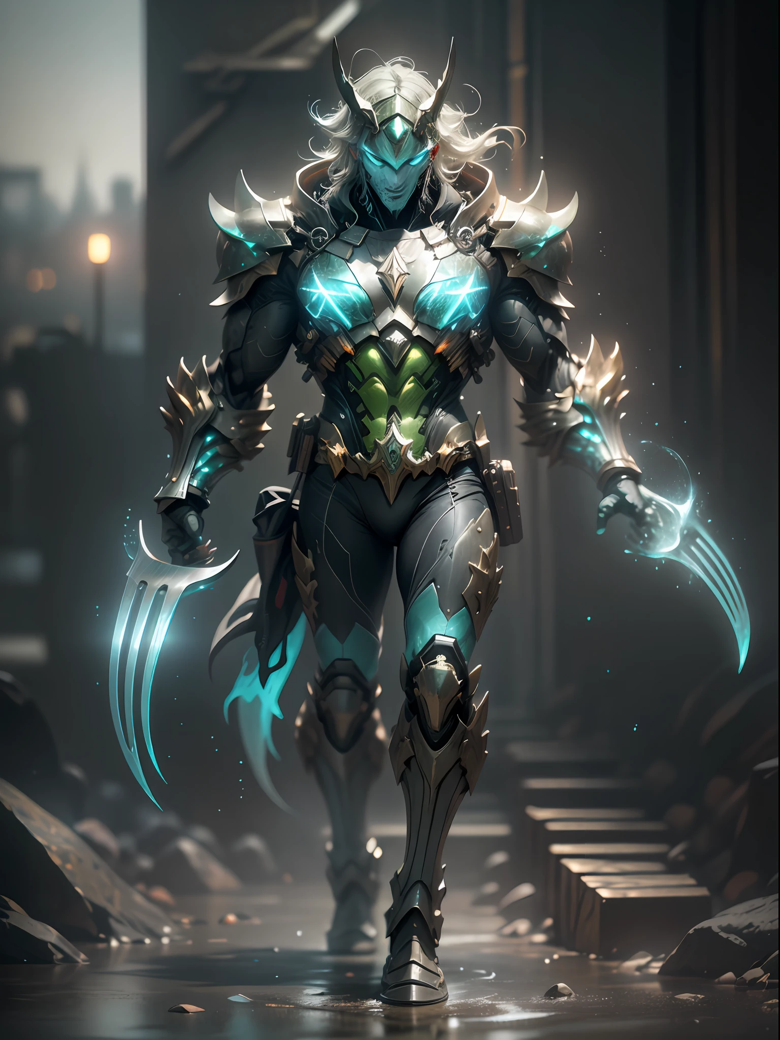 Has Aquaman fork ghost ocean warrior, super cool ghost ocean warrior, has huge fork, sea god, green fork, fork, wearing blue mechanical armor, water flow flying column, swinging fork pose, imposing walking, positive perspective, perfect body proportions, tall figure, tall height, full body photo, super detail, looking up view, IP by pop mart, edge light, avatar, octane rendering, blender, full body, clean black background, 3d, c4d, best quality, very detailed, Ancient Technology, HDR (High Dynamic Range), Ray Tracing, NVIDIA RTX, Super Resolution, Unreal 5, Subsurface Scattering, PBR Texture, Post Processing, Anisotropic Filtering, Depth of Field, Maximum Clarity and Acutance, Multilayer Textures, Albedo and Highlight Maps, Surface Shading, Accurate Simulation of Light-Material Interactions, Perfect Proportions, Octane Rendering, Two-tone Lighting, Low ISO, White Balance, Rule of Thirds, Wide Aperture, 8K RAW, High Efficiency Sub-Pixel, Subpixel Convolution, Glowing Particles, Light scattering, Tyndall effect