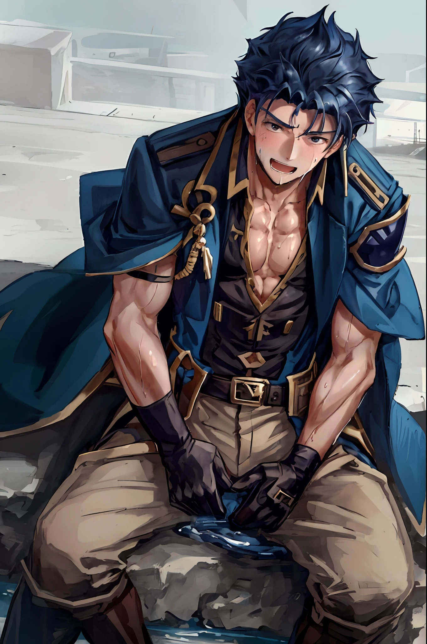 Hector Fey, Solo, Looking at the Audience, Smile, Open Mouth, Sweat, Get Wet, Get Wet, Drooling, Gloves, 1boy, Sitting (straddling), Male focus, Crotch view, Crotch close-up, Tie, Coat, Pectoral (Sweating of Pectoral Muscles), Abs (Sweating of Abs), From Below, Castle View