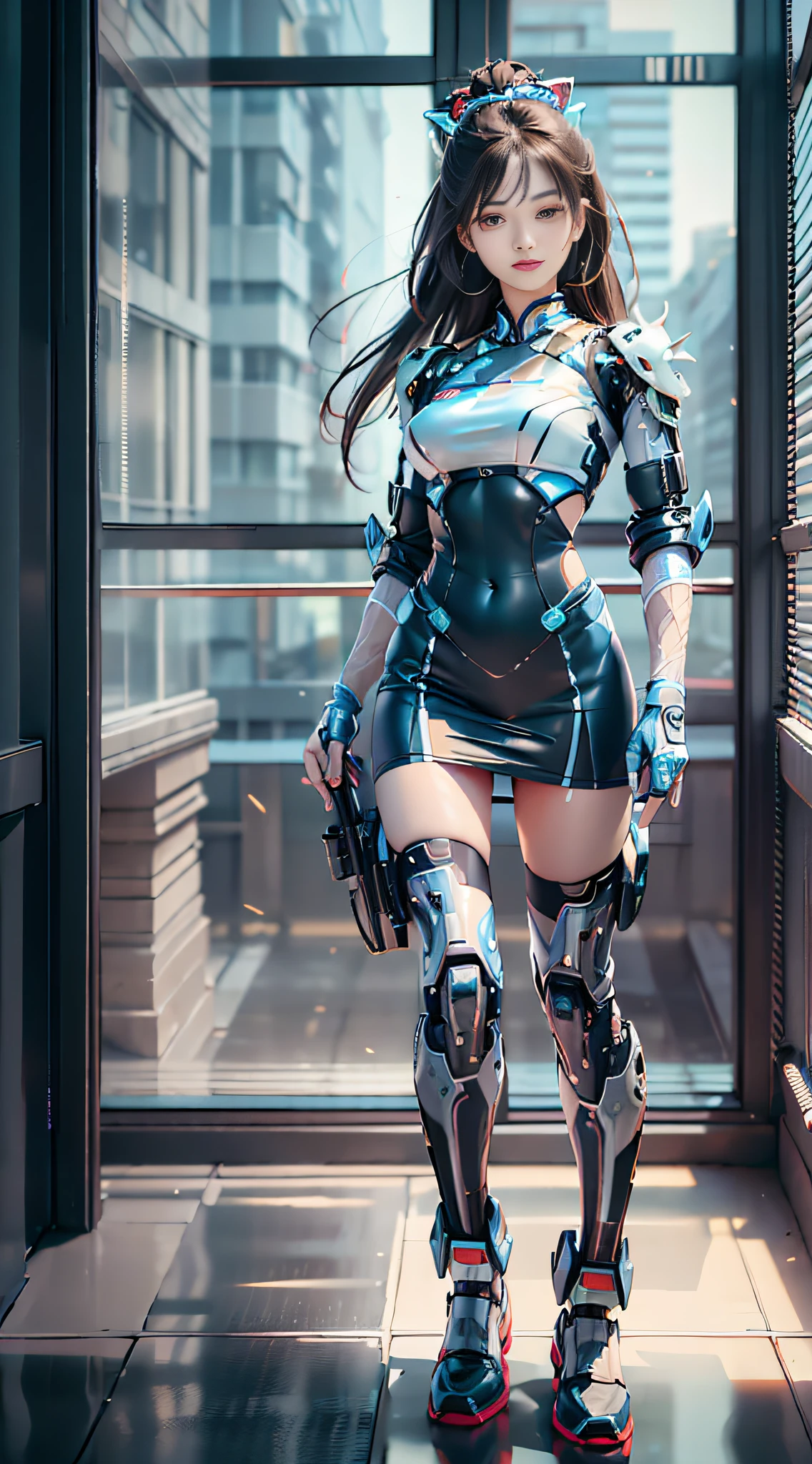 A girl looking at the audience, brunette hair, Chinese girl, (perfect eyes: 1.2), (women's sportswear: 1.2) (women's casual clothing: 1.5), (dress: 1.2), (eyes with correct proportions: 1), (mecha: 1.5), (face front: 1.5), (body front: 1.5), (full body: 1.5), technology screen, interior scene, glass window, building outside the window, illuminated screen building, futuristic city, bright background, futurism, first-person perspective, pov, panorama, Ultra HD, Masterpiece, Accurate, Anatomically Correct, High Detail, (Best Quality: 1.5), High Resolution, 8K, Perfect Facial Proportions, Upright Body, Beautiful Eyes, Perfect Face, Detailed Face, Elegant,