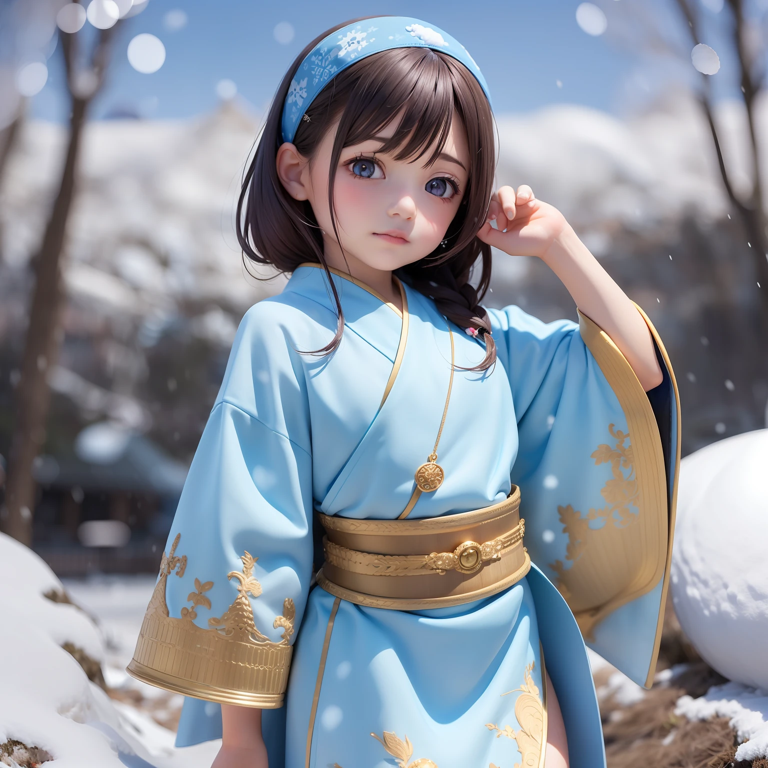 ((snowfield,snow scene)),((6year old girl:1.5)), random poses,With an angle that captures the whole body,complete anatomy,(((wide Blue headband ))), 1 girl,high eyes,tall eyes, natural light,(white fur ), ,bouncing hair,Ainu folk costume,blue kimono,beautiful girl with fine details, Beautiful and delicate eyes, detailed face, Beautiful eyes, beautiful shining body,(snow mountain blue sky:1.5), (best quality:1.3), reflections, detailed background,(masterpiece), (8k quality:1.4), (ultra highres:1.2), (hyperrealistic:1.4), (photorealistic:1.2),outdoor lighting ,masterpiece, black hair, blue eyes, pale white skin, tiny body, slender body,