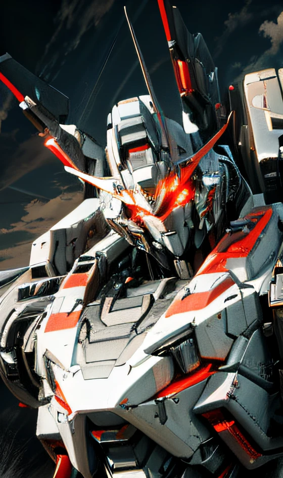 masterpiece, best quality, sky, clouds, holding_weapon, glow, robot, building, glowing_eyes, mecha, science_fiction, city, reality, mecha, red, full body, looking into the distance, high resolution, super detailed, realistic textures, bold textures, crazy textures, face close-ups