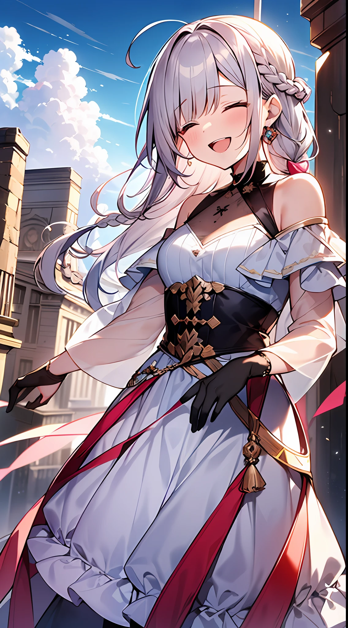 (incredibly absurdres absolutely resolution: 1.5), highest quality, masterpiece, ultra high resolution, 8k, (multiple girls), (gorgeous dresses with many gorgeous and colorful decorations) BREAK shoujo manga style, (loli), soft line drawing, digital enhancement, shojo manga touch, environmental change scenes, shojo manga core, ( Hair length to the shoulders))), (((short braid))), laughing with open mouth, closing eyes, ancient city of the West, angle from which the whole body is visible, entangle, beautiful and aesthetic: 1.5, High quality: 1.3