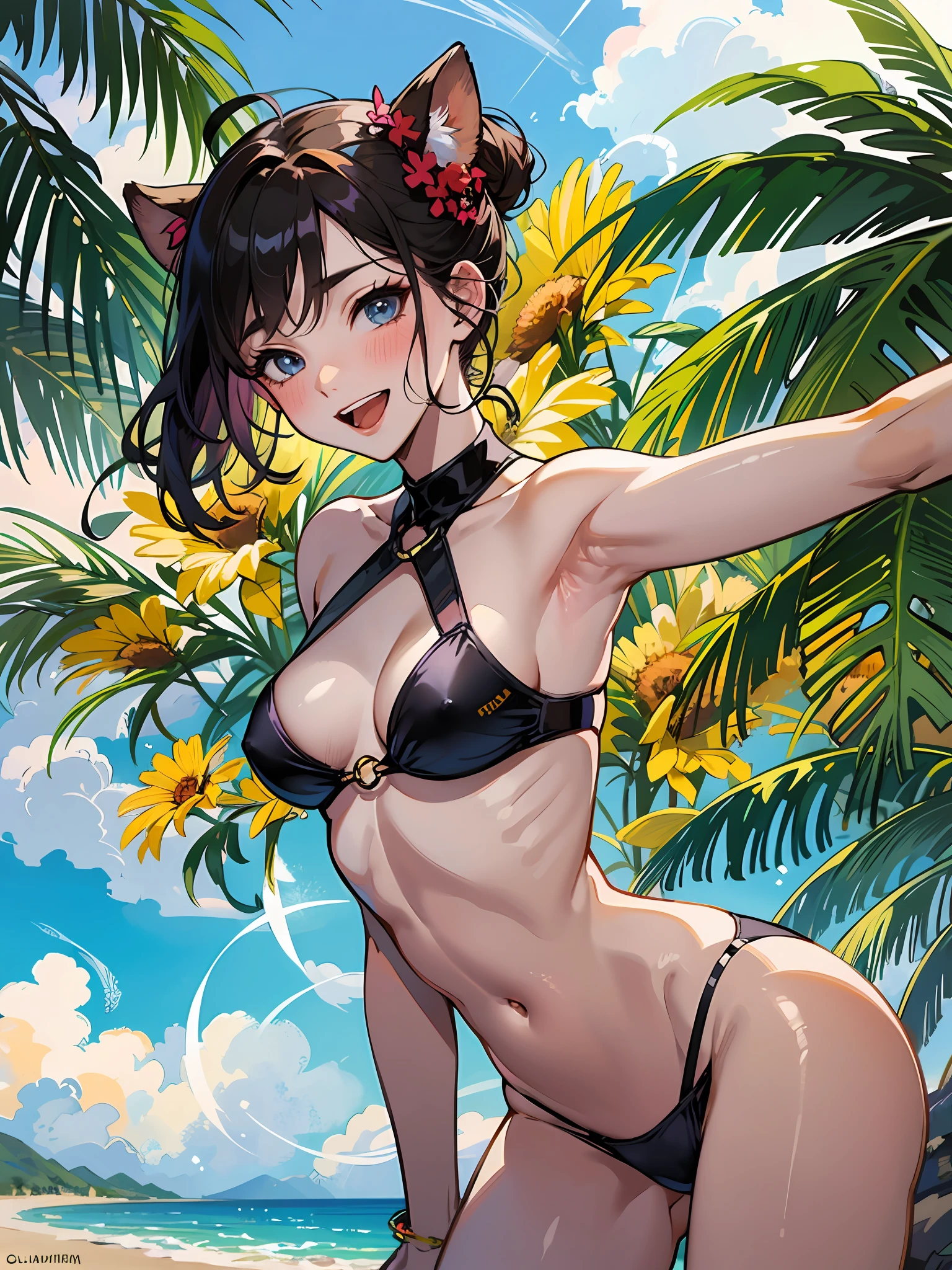2 women having fun together, dynamic, laughing, hentai:1.2, NSFW:1.2, lesbians:1.2, blushing, sexy bikini, hot summer day, small, perfect anatomy, ticklish armpit, caresses